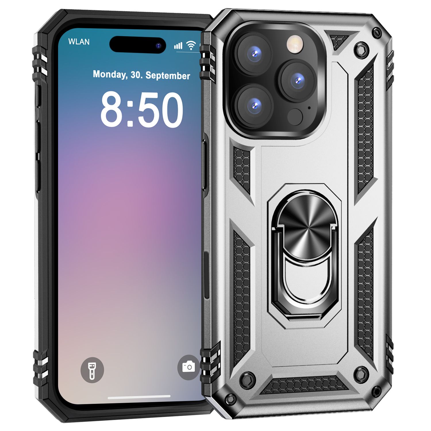 NALIA Military-Style Ringhülle für iPhone 16 Pro, Extrem Schutz Panzer Handyhülle, Hardcase Hülle mit 360° Ring Silber NALIA Outdoor Hülle