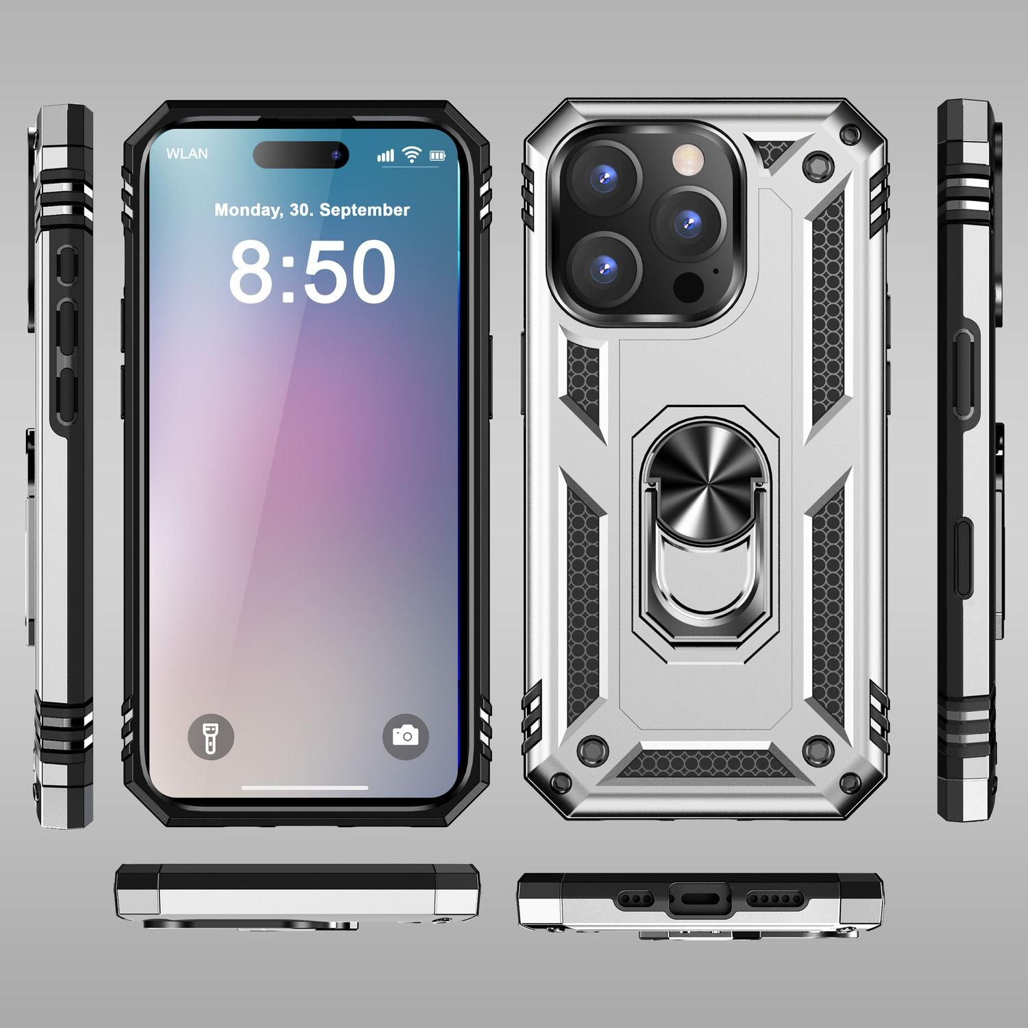 NALIA Military-Style Ringhülle für iPhone 16 Pro, Extrem Schutz Panzer Handyhülle, Hardcase Hülle mit 360° Ring Silber NALIA Outdoor Hülle