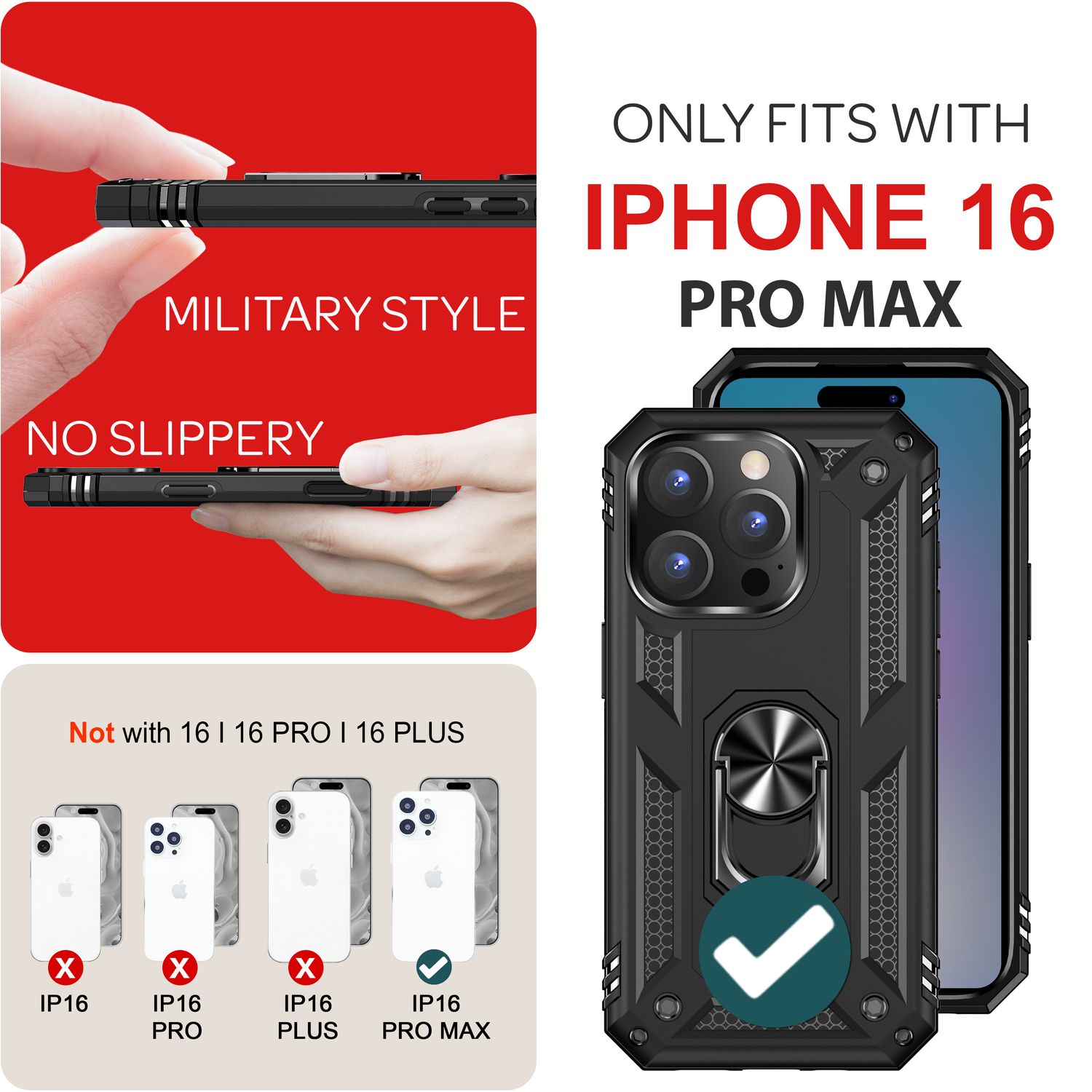 NALIA Military-Style Ringhülle für iPhone 16 Pro Max, Extrem Schutz Handyhülle, Hardcase Hülle mit 360° Ring Schwarz NALIA Outdoor Hülle