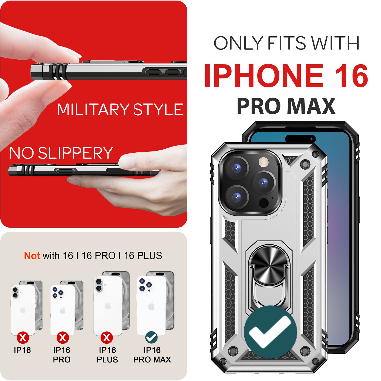 NALIA Military-Style Ringhülle für iPhone 16 Pro Max, Extrem Schutz Handyhülle, Hardcase Hülle mit 360° Ring Silber NALIA Outdoor Hülle