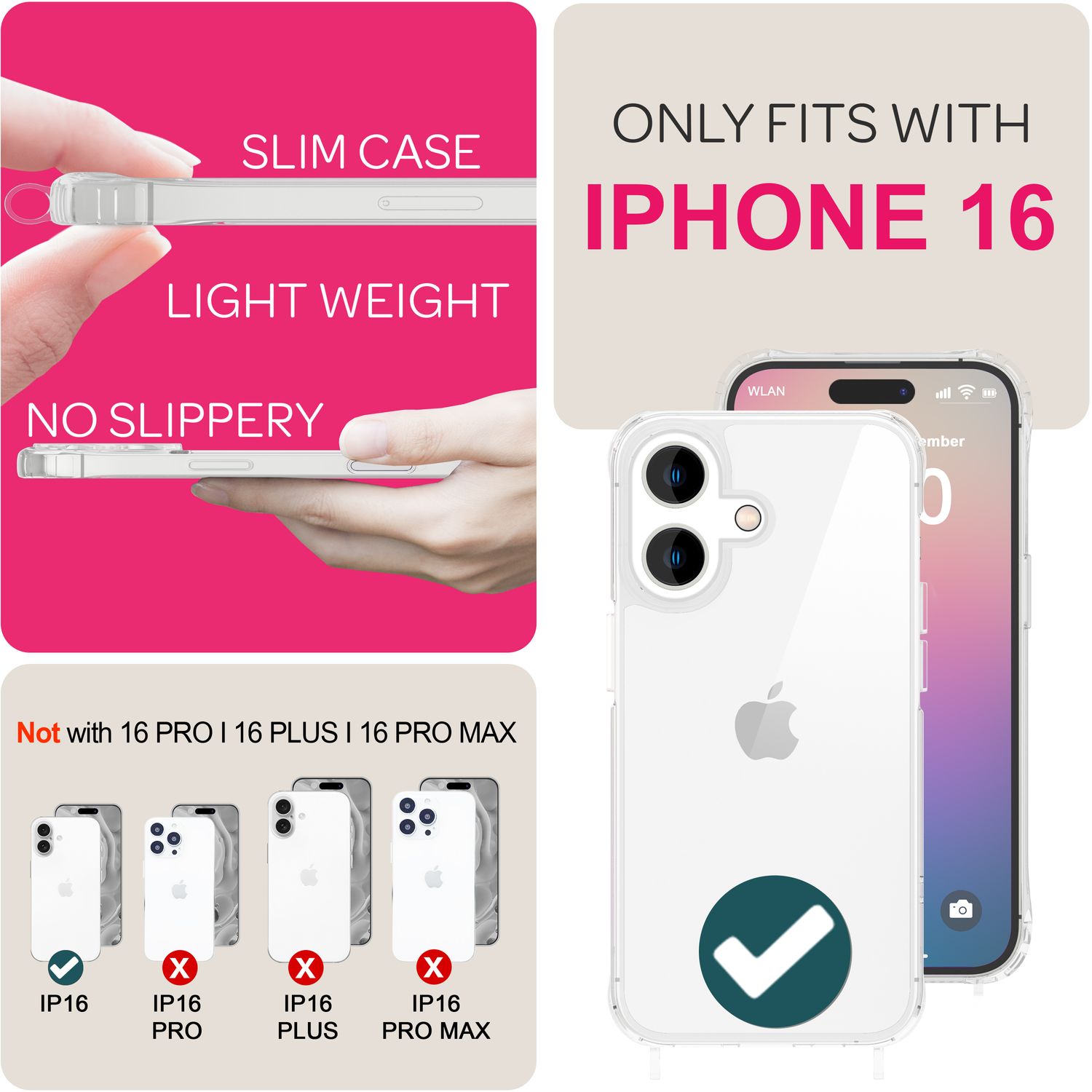 NALIA Klare Hülle mit Band zum Umhängen für iPhone 16, Transparente Schutzhülle mit Handykette, Handyhülle Weiß NALIA Transparente Hülle