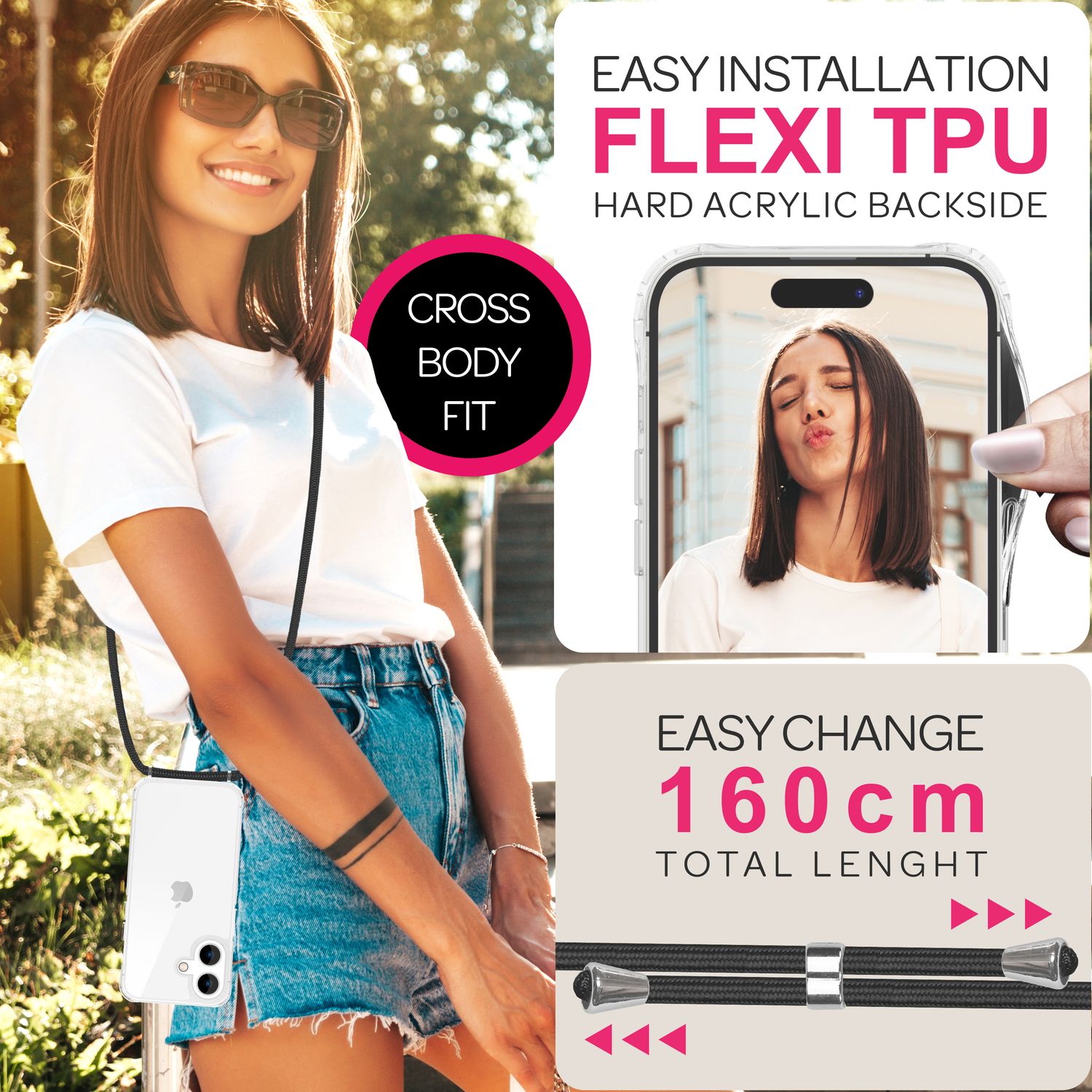 NALIA Klare Hülle mit Band zum Umhängen für iPhone 16, Transparente Schutzhülle mit Handykette, Handyhülle Schwarz NALIA Transparente Hülle