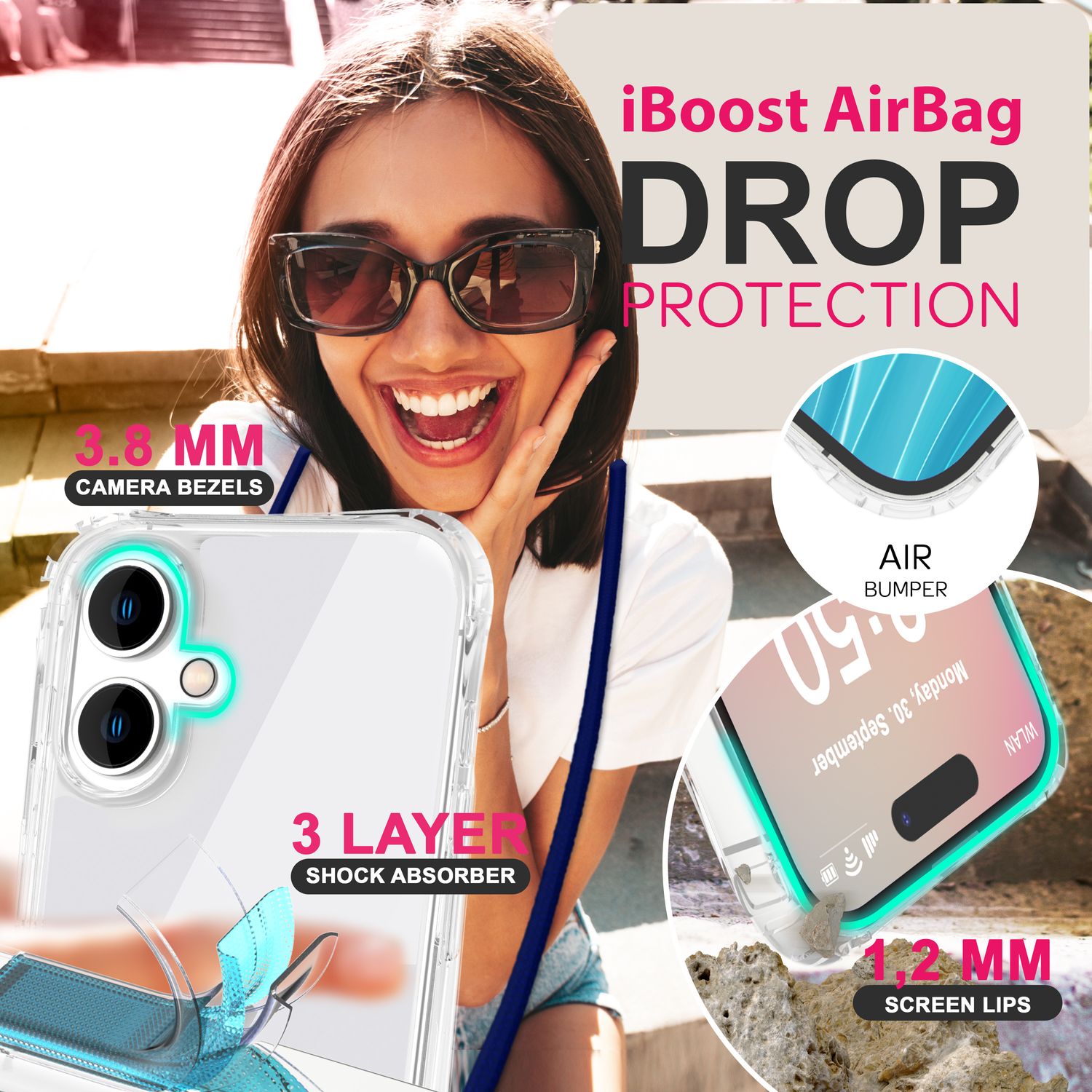 NALIA Klare Hülle mit Band zum Umhängen für iPhone 16, Transparente Schutzhülle mit Handykette, Handyhülle Dunkelblau NALIA Transparente Hülle