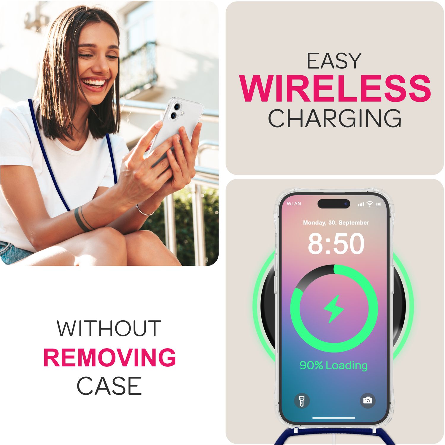 NALIA Klare Hülle mit Band zum Umhängen für iPhone 16, Transparente Schutzhülle mit Handykette, Handyhülle Dunkelblau NALIA Transparente Hülle