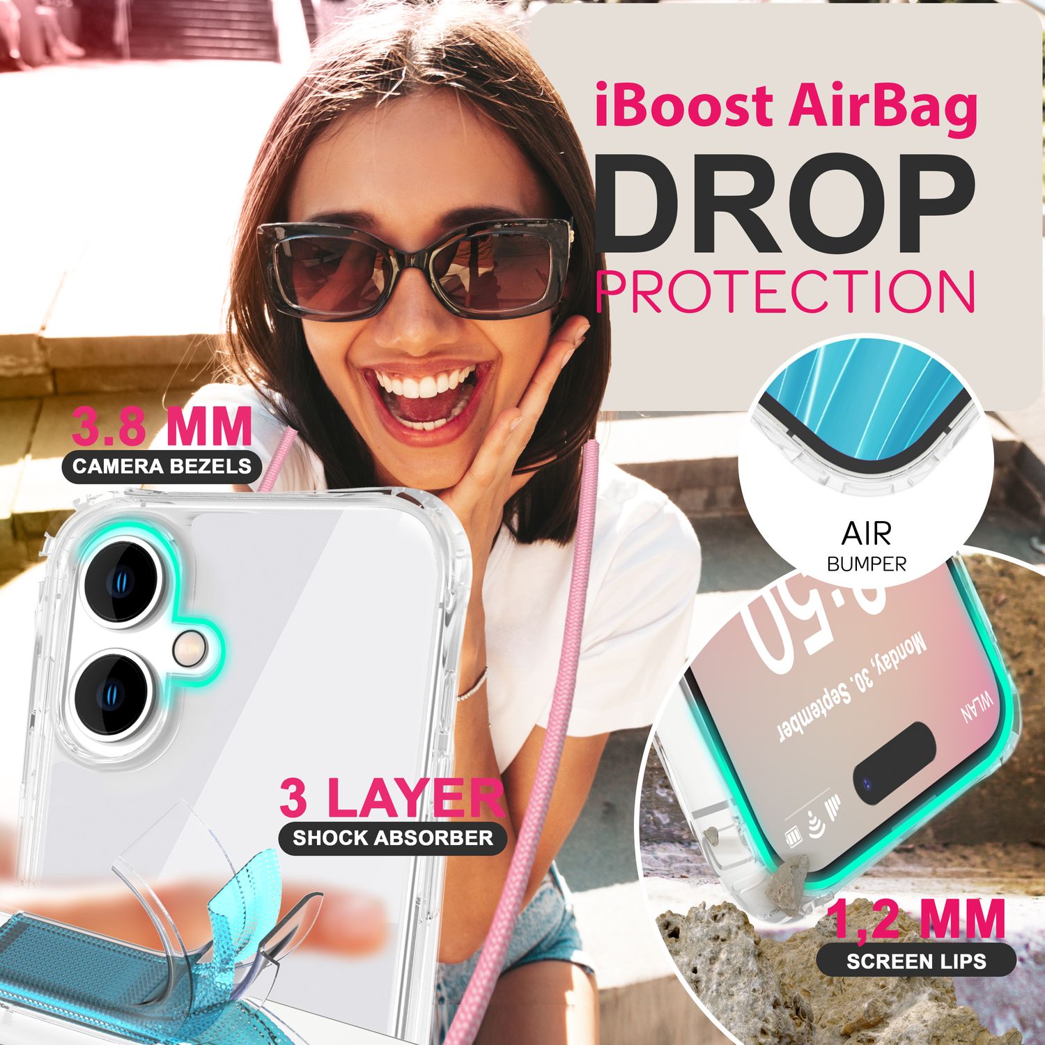 NALIA Klare Hülle mit Band zum Umhängen für iPhone 16, Transparente Schutzhülle mit Handykette, Handyhülle Pastell Rosa NALIA Transparente Hülle