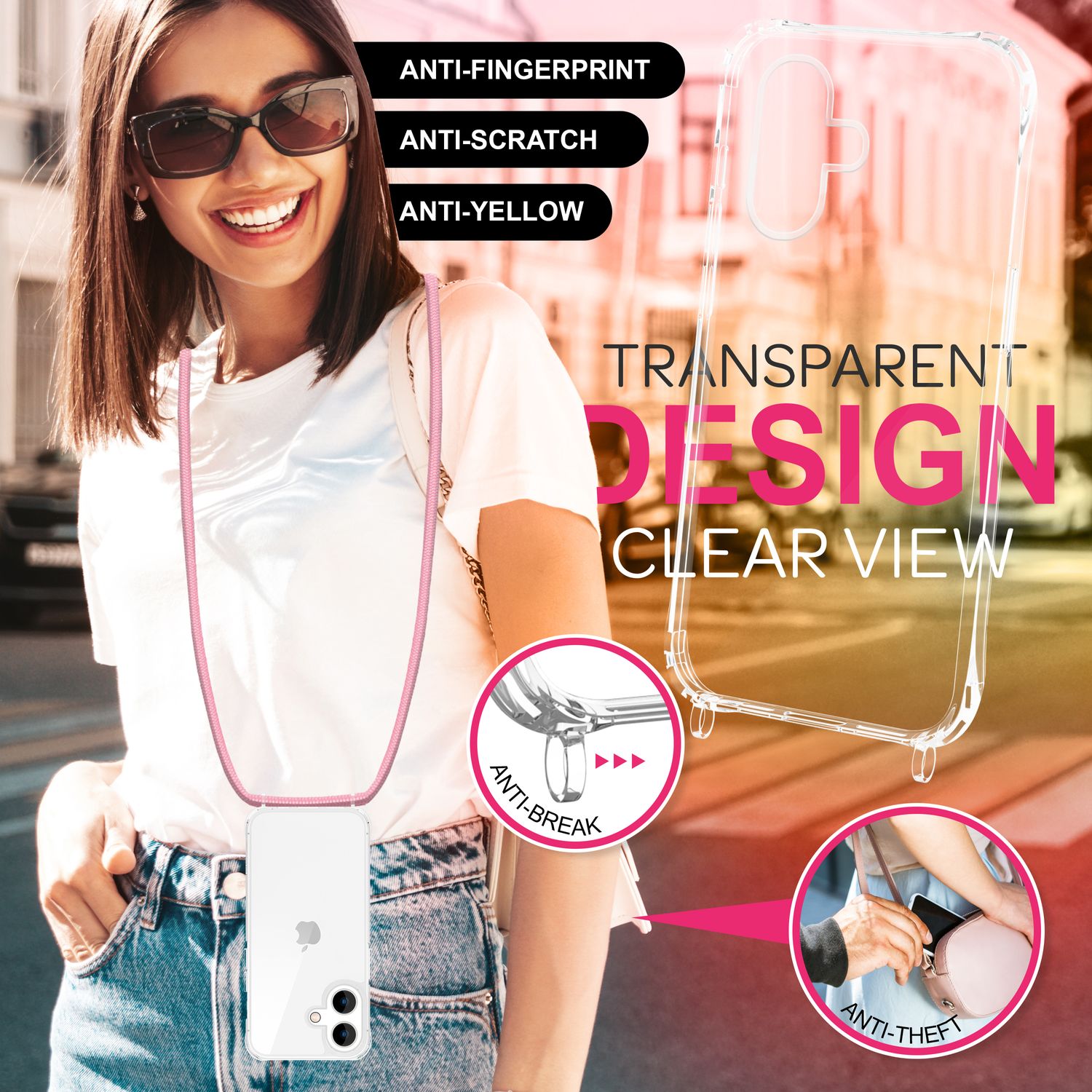 NALIA Klare Hülle mit Band zum Umhängen für iPhone 16, Transparente Schutzhülle mit Handykette, Handyhülle Pastell Rosa NALIA Transparente Hülle