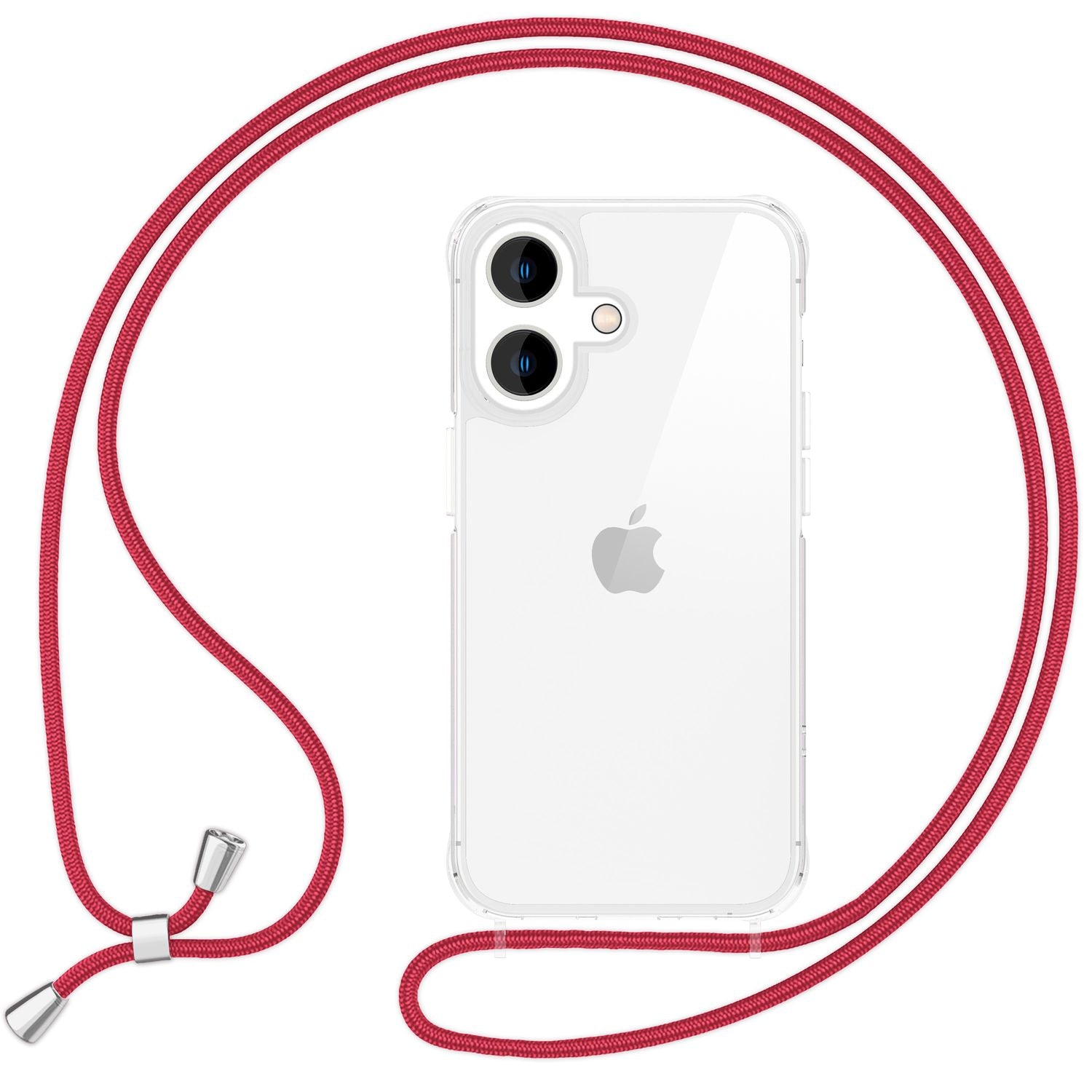 NALIA Klare Hülle mit Band zum Umhängen für iPhone 16, Transparente Schutzhülle mit Handykette, Handyhülle Rot NALIA Transparente Hülle