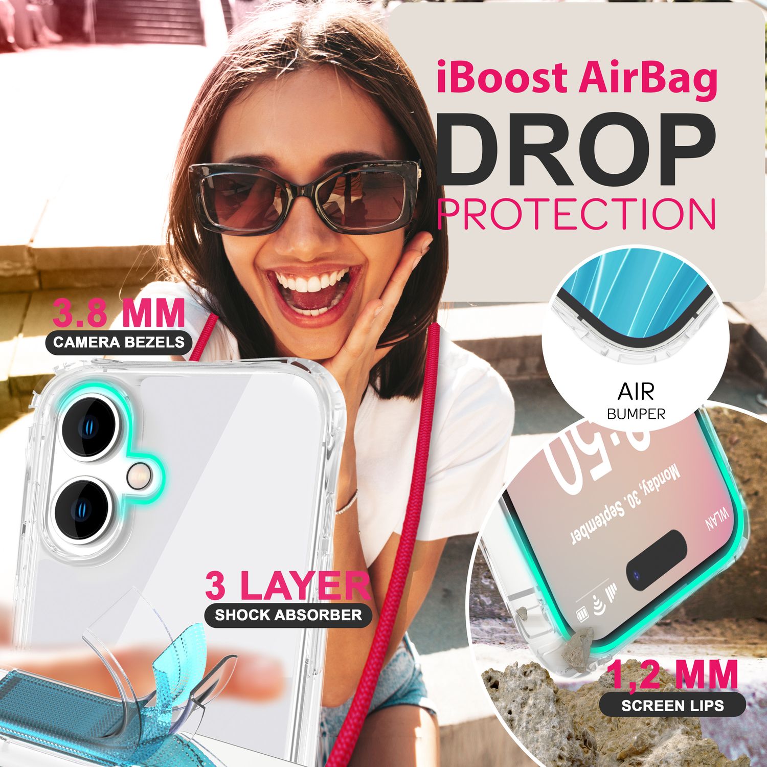 NALIA Klare Hülle mit Band zum Umhängen für iPhone 16, Transparente Schutzhülle mit Handykette, Handyhülle Rot NALIA Transparente Hülle