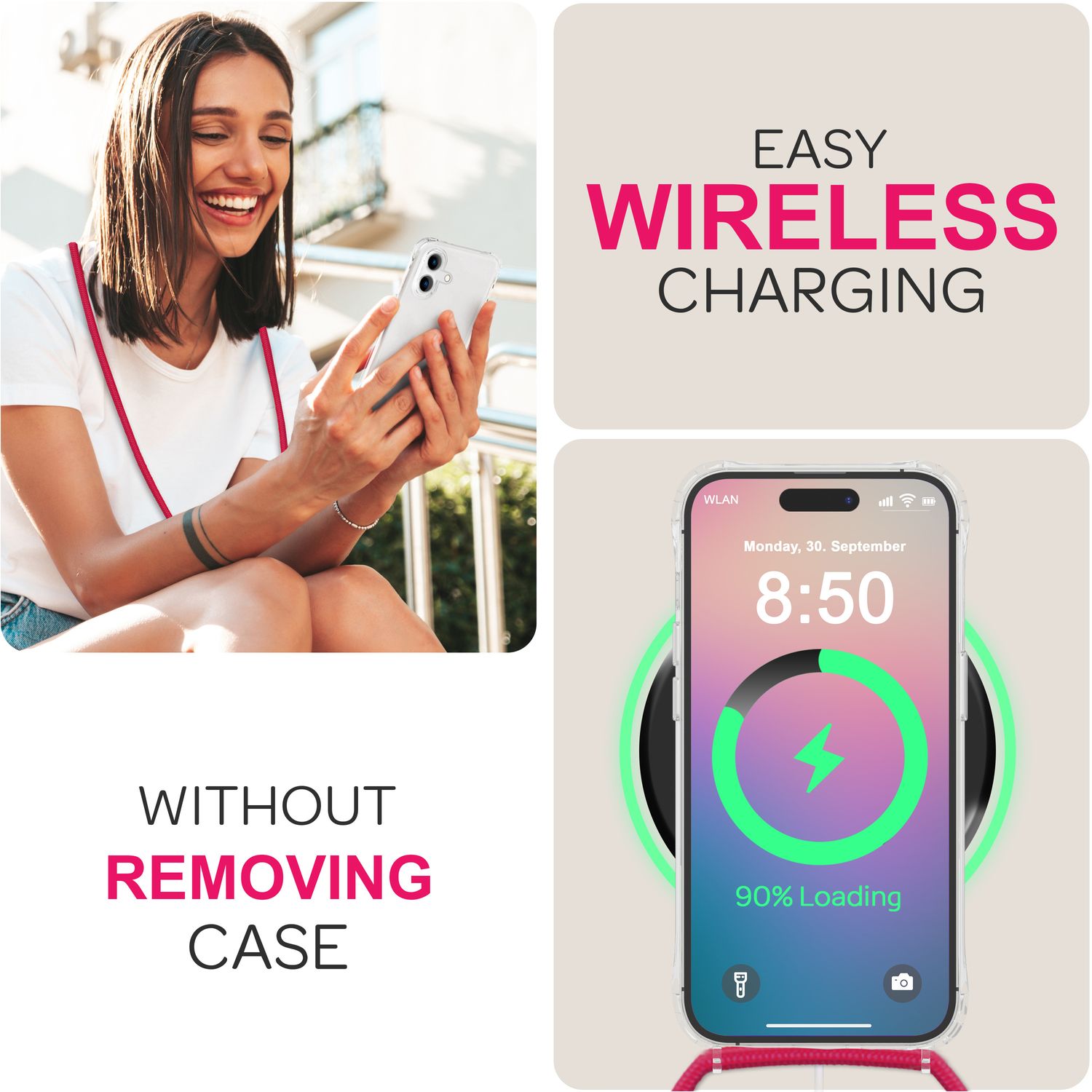 NALIA Klare Hülle mit Band zum Umhängen für iPhone 16, Transparente Schutzhülle mit Handykette, Handyhülle Rot NALIA Transparente Hülle