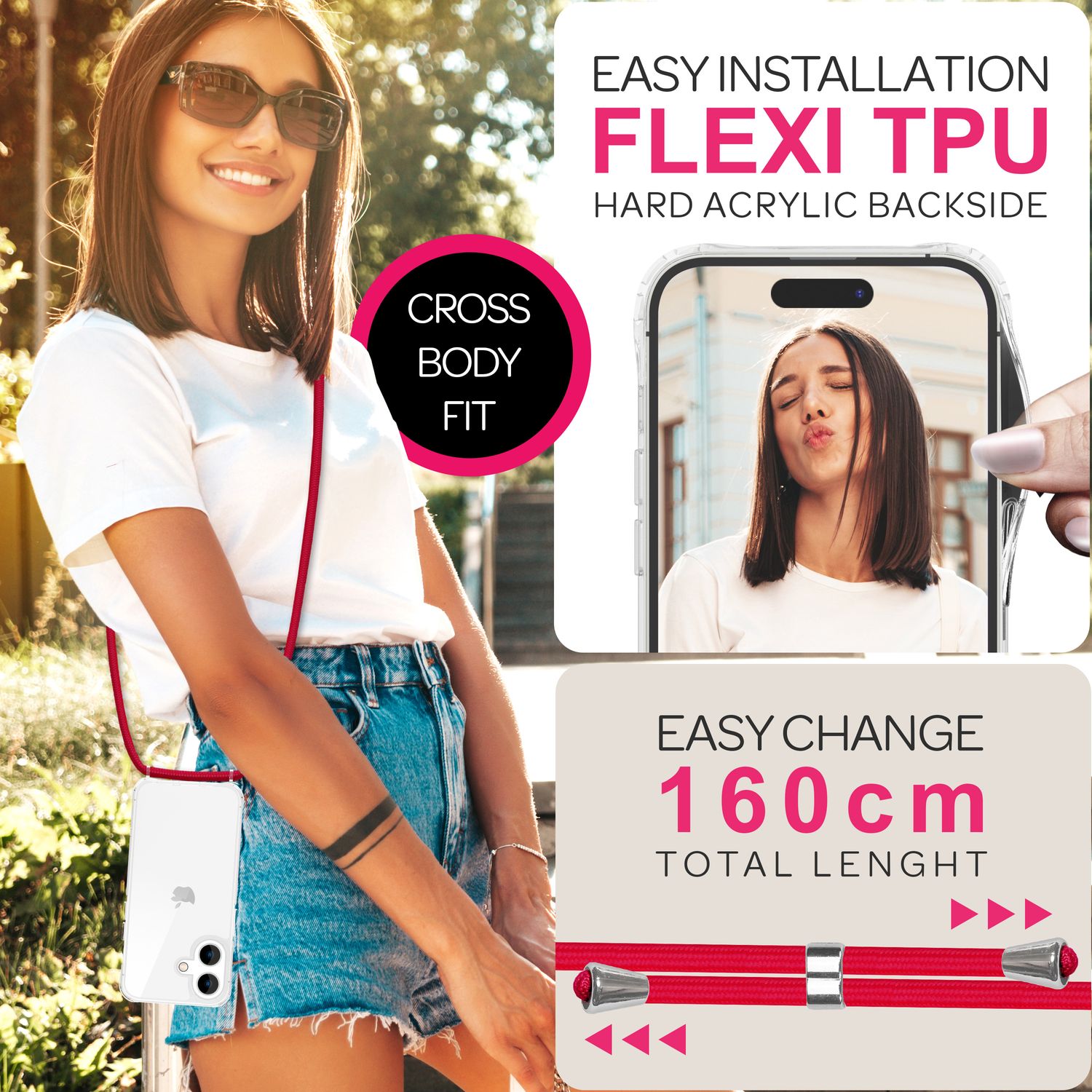 NALIA Klare Hülle mit Band zum Umhängen für iPhone 16, Transparente Schutzhülle mit Handykette, Handyhülle Rot NALIA Transparente Hülle