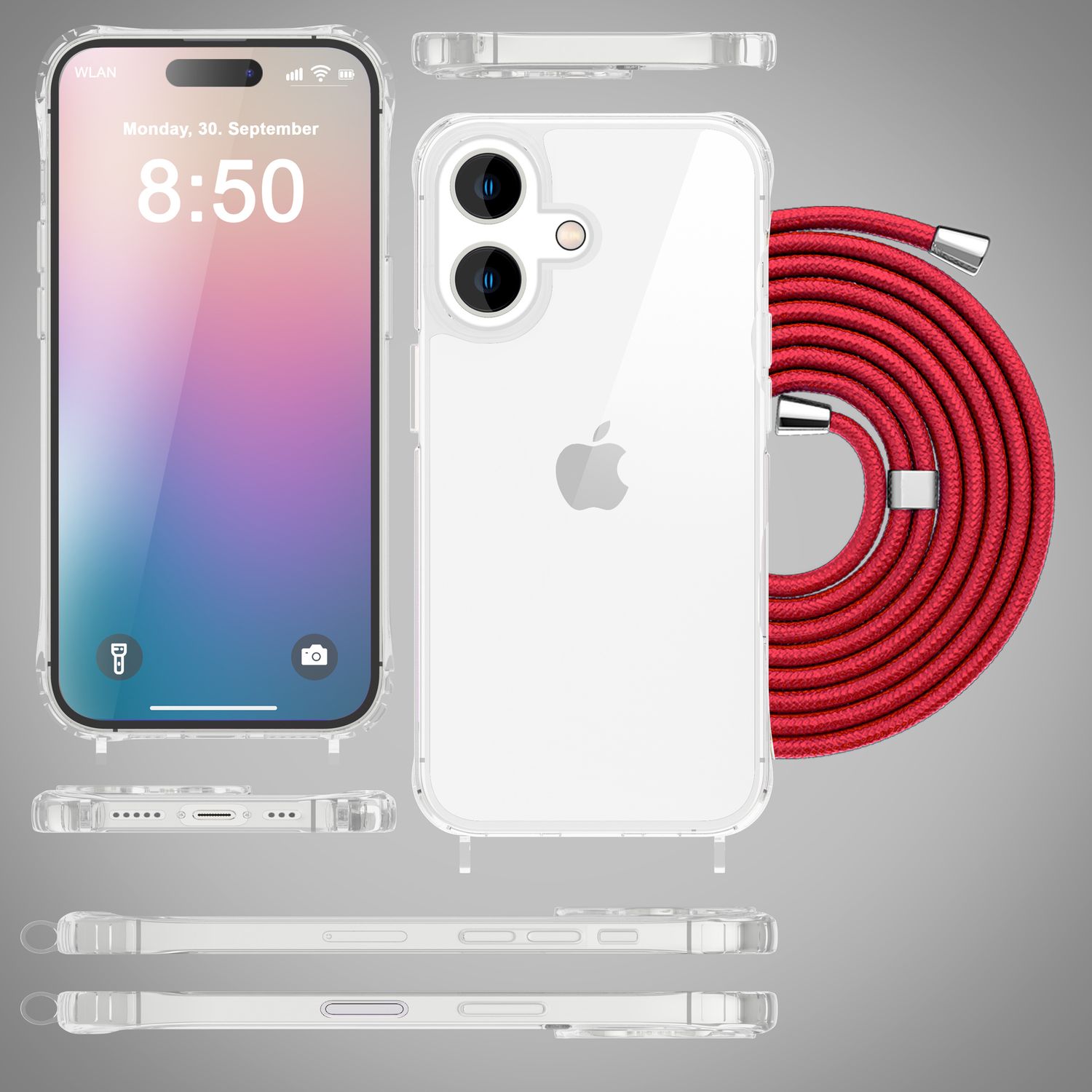 NALIA Klare Hülle mit Band zum Umhängen für iPhone 16, Transparente Schutzhülle mit Handykette, Handyhülle Rot NALIA Transparente Hülle