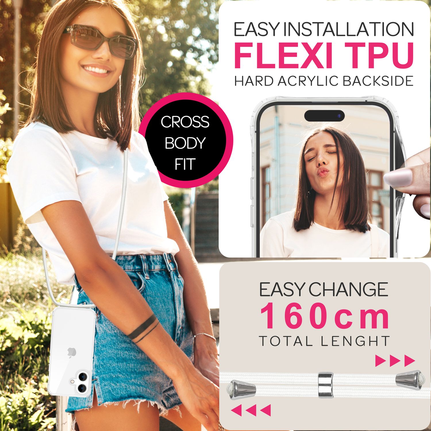 NALIA Klare Hülle mit Band zum Umhängen für iPhone 16, Transparente Schutzhülle mit Handykette, Handyhülle Weiß NALIA Transparente Hülle