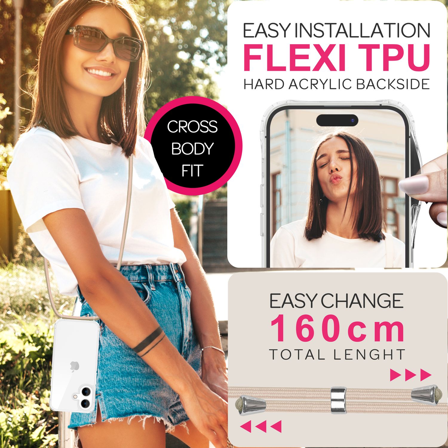 NALIA Klare Hülle mit Band zum Umhängen für iPhone 16 Plus, Transparente Schutz Handyhülle mit Handykette Beige NALIA Transparente Hülle