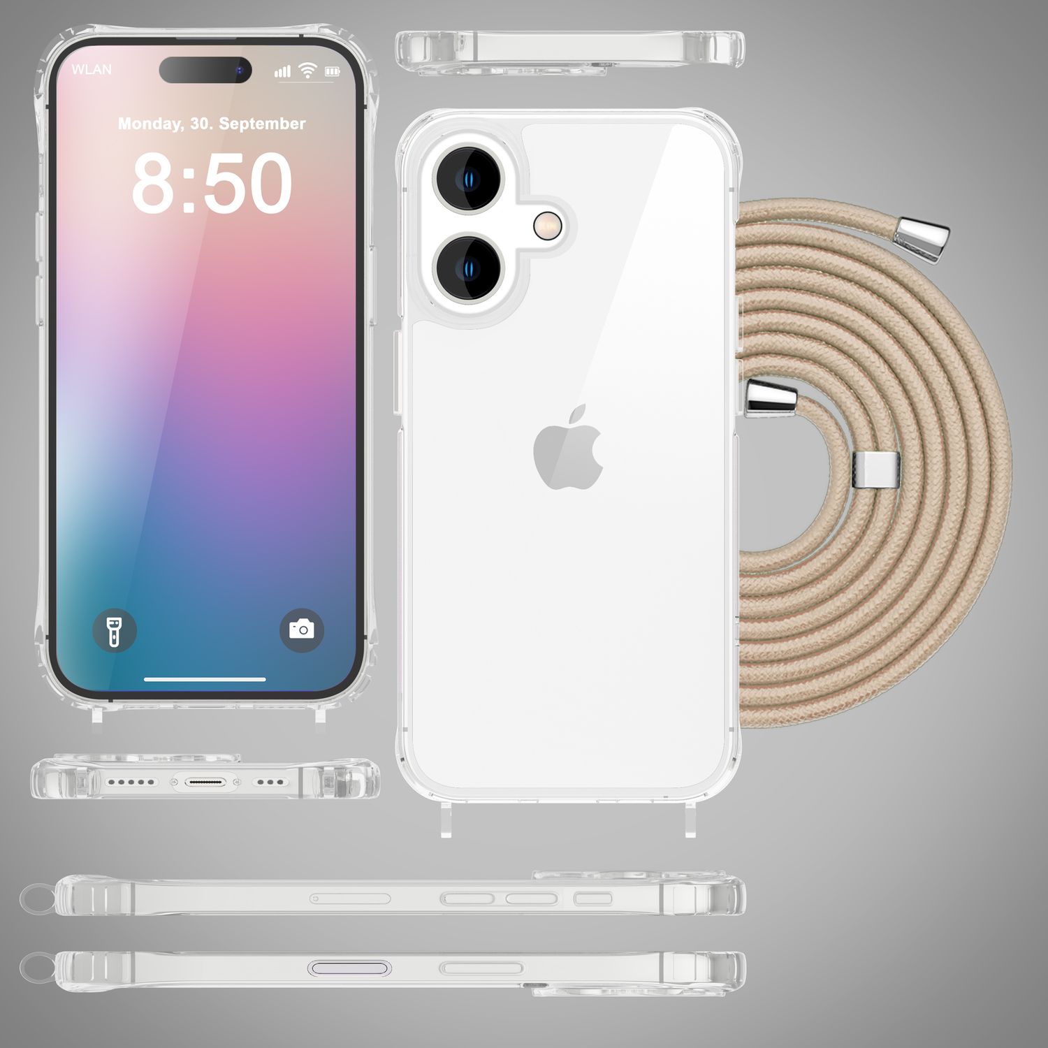 NALIA Klare Hülle mit Band zum Umhängen für iPhone 16 Plus, Transparente Schutz Handyhülle mit Handykette Beige NALIA Transparente Hülle