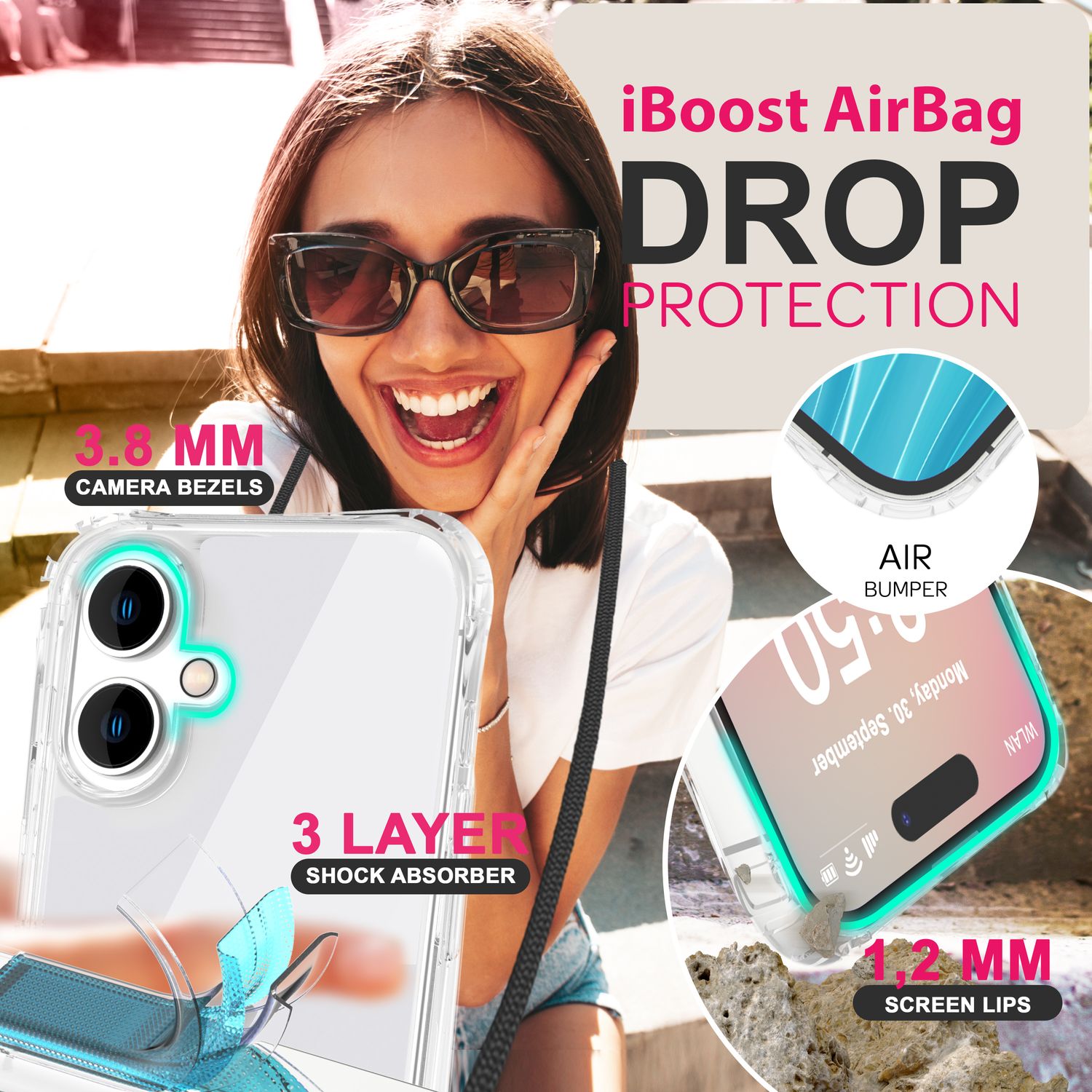 NALIA Klare Hülle mit Band zum Umhängen für iPhone 16 Plus, Transparente Schutz Handyhülle mit Handykette Schwarz NALIA Transparente Hülle