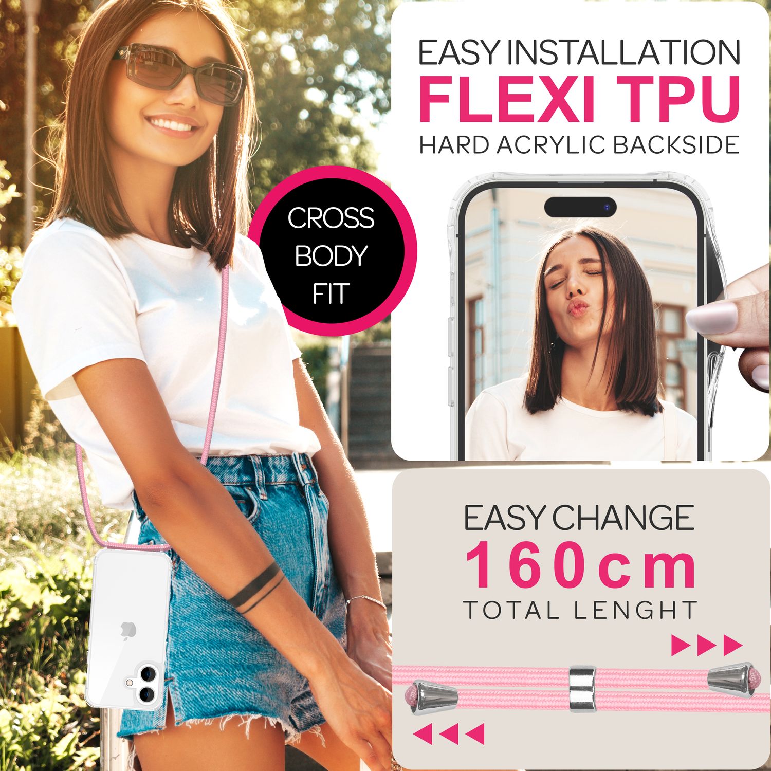 NALIA Klare Hülle mit Band zum Umhängen für iPhone 16 Plus, Transparente Schutz Handyhülle mit Handykette Pastell Rosa NALIA Transparente Hülle