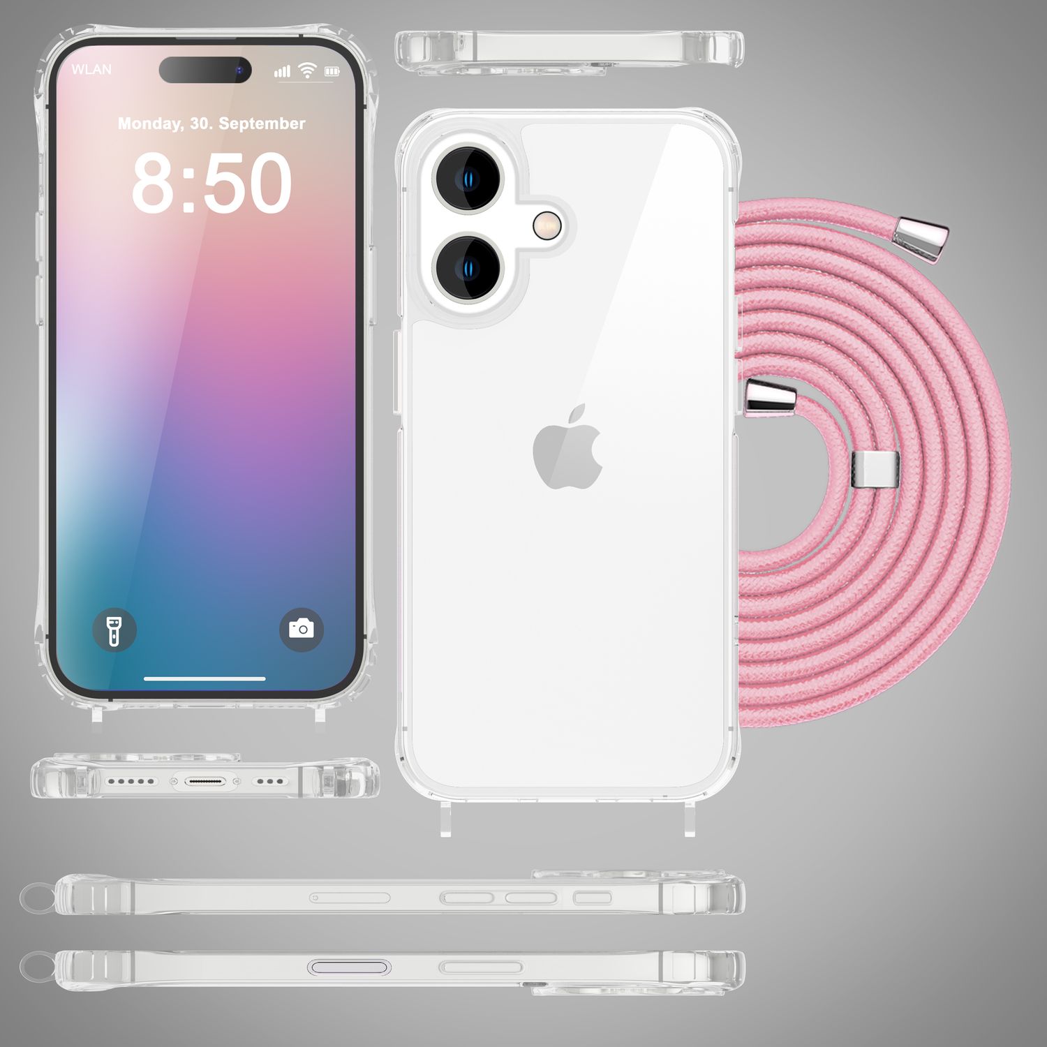 NALIA Klare Hülle mit Band zum Umhängen für iPhone 16 Plus, Transparente Schutz Handyhülle mit Handykette Pastell Rosa NALIA Transparente Hülle