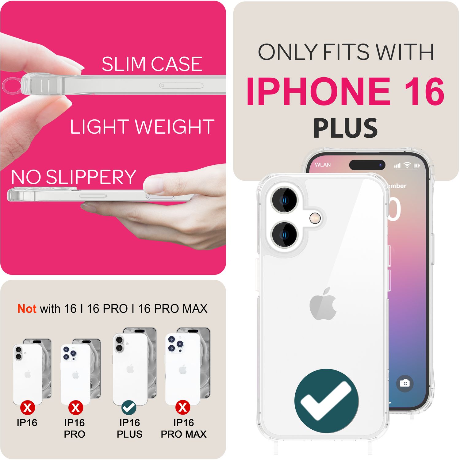 NALIA Klare Hülle mit Band zum Umhängen für iPhone 16 Plus, Transparente Schutz Handyhülle mit Handykette Schwarz NALIA Transparente Hülle