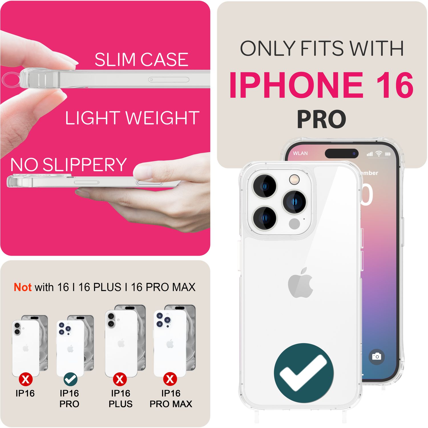 NALIA Klare Hülle mit Band zum Umhängen für iPhone 16 Pro, Transparente Schutz Handyhülle mit Handykette Dunkel-Grün NALIA Transparente Hülle