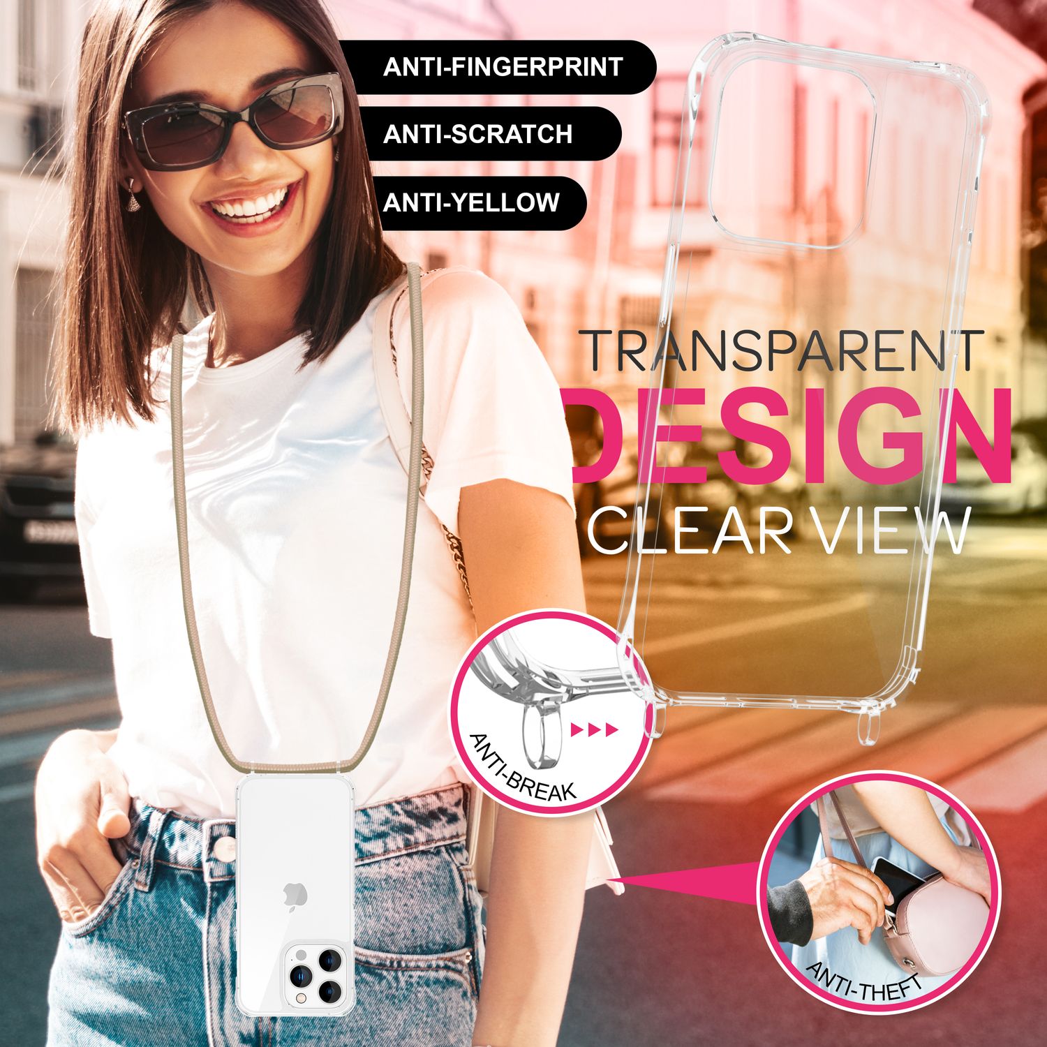 NALIA Klare Hülle mit Band zum Umhängen für iPhone 16 Pro, Transparente Schutz Handyhülle mit Handykette Beige NALIA Transparente Hülle