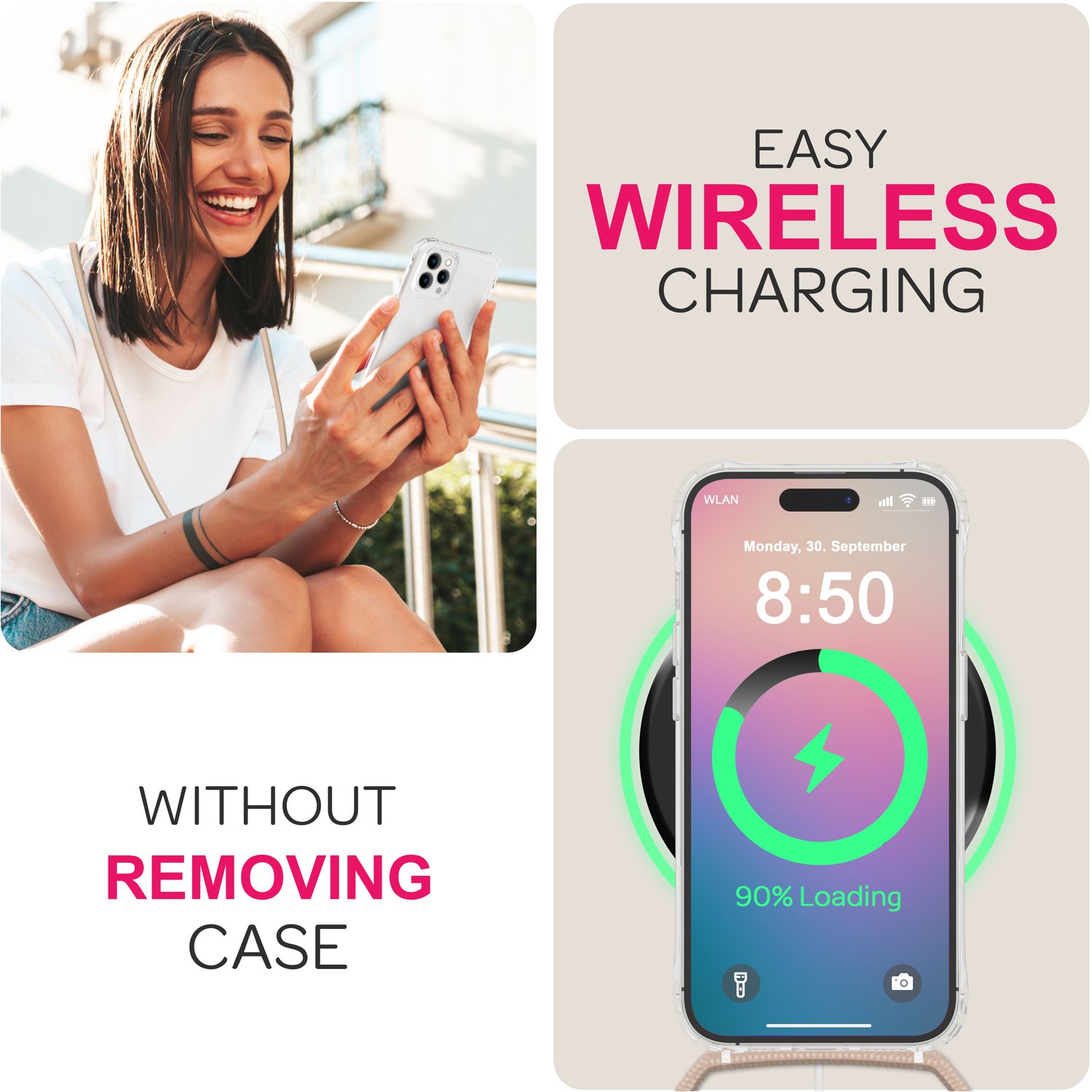 NALIA Klare Hülle mit Band zum Umhängen für iPhone 16 Pro, Transparente Schutz Handyhülle mit Handykette Beige NALIA Transparente Hülle