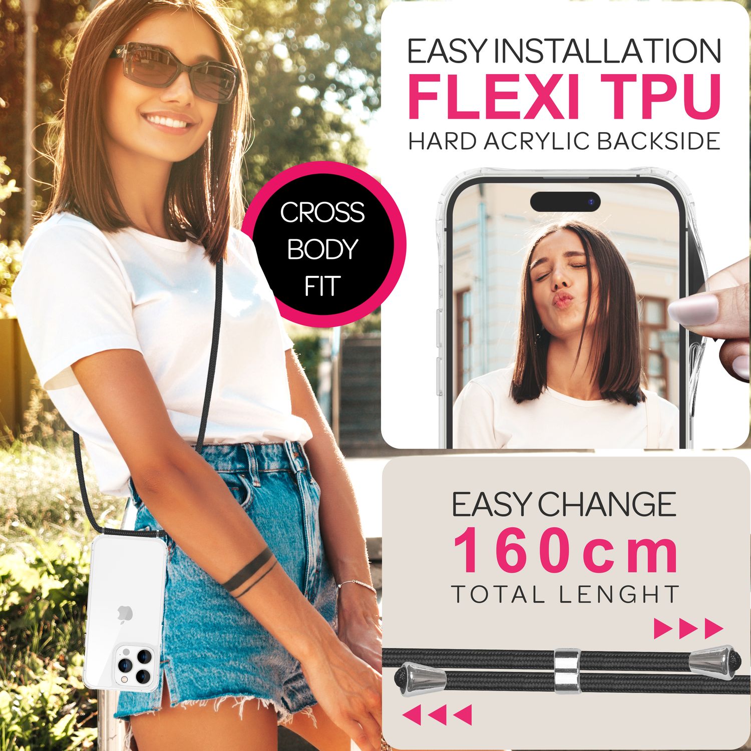 NALIA Klare Hülle mit Band zum Umhängen für iPhone 16 Pro, Transparente Schutz Handyhülle mit Handykette Schwarz NALIA Transparente Hülle