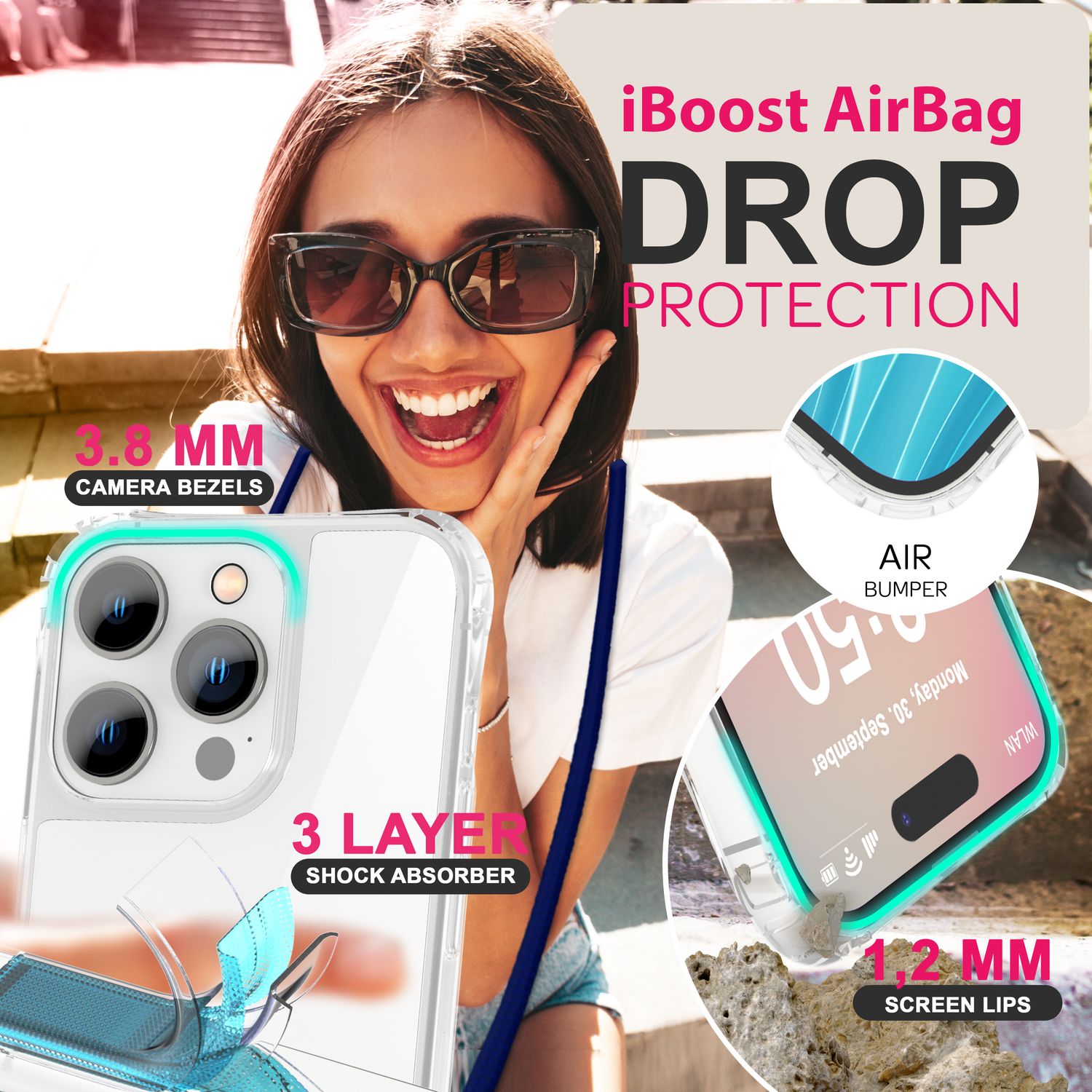 NALIA Klare Hülle mit Band zum Umhängen für iPhone 16 Pro, Transparente Schutz Handyhülle mit Handykette Dunkelblau NALIA Transparente Hülle