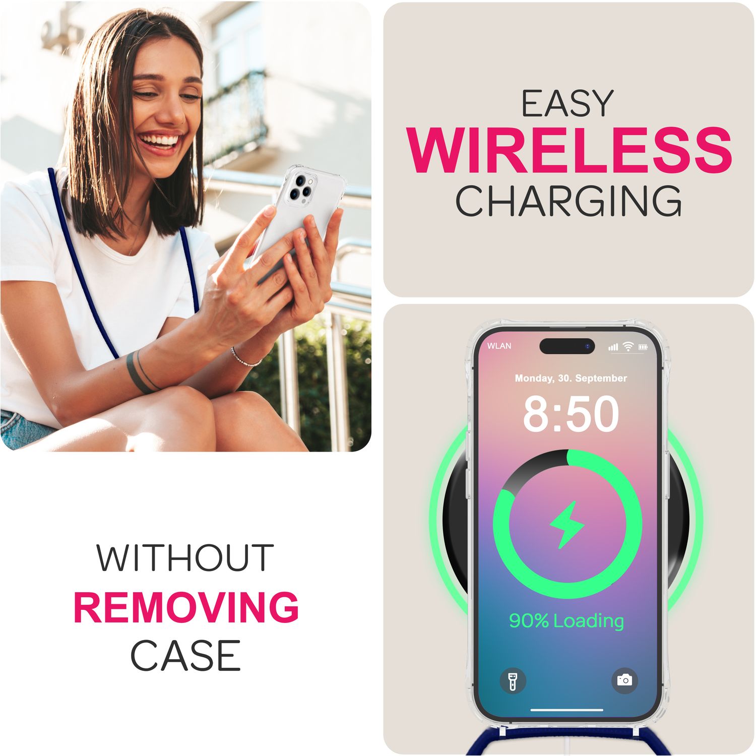 NALIA Klare Hülle mit Band zum Umhängen für iPhone 16 Pro, Transparente Schutz Handyhülle mit Handykette Dunkelblau NALIA Transparente Hülle