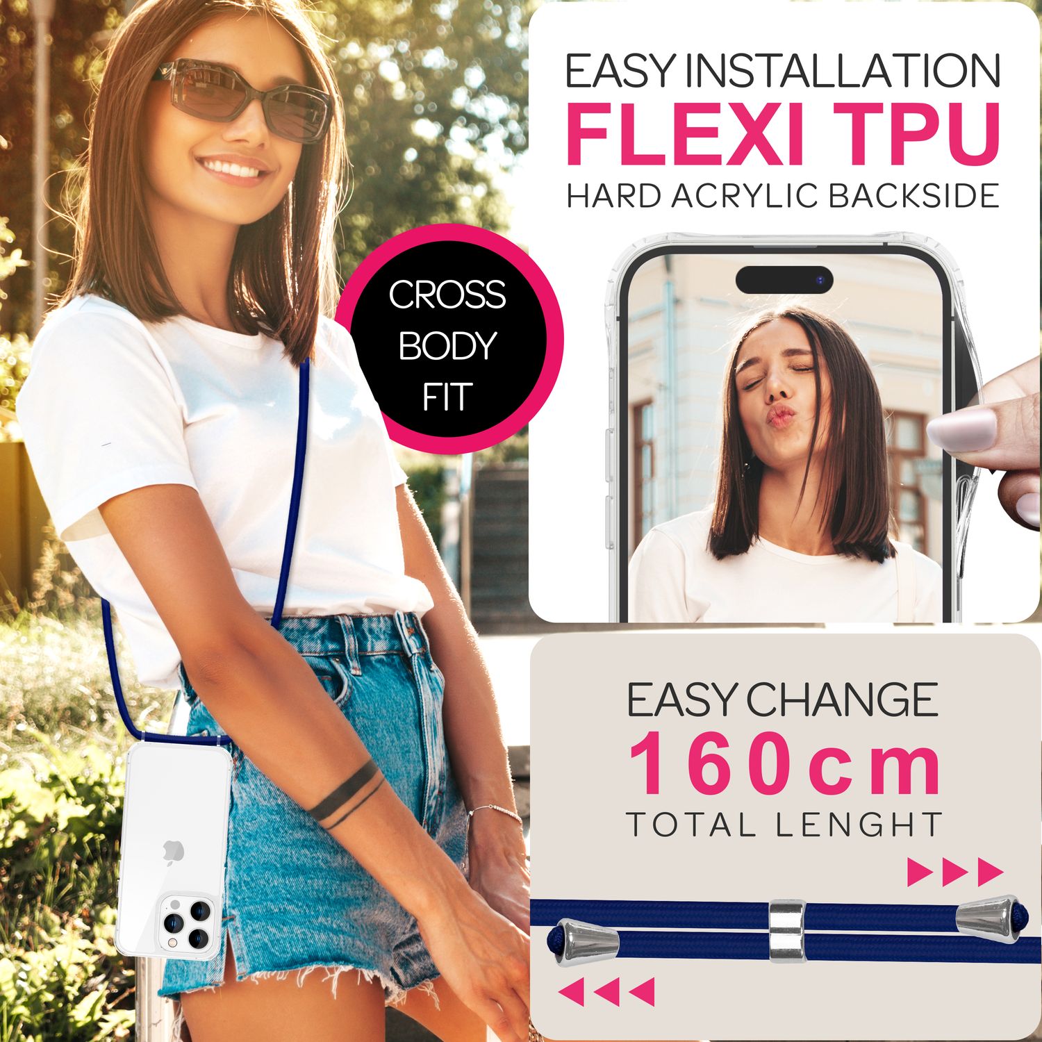 NALIA Klare Hülle mit Band zum Umhängen für iPhone 16 Pro, Transparente Schutz Handyhülle mit Handykette Dunkelblau NALIA Transparente Hülle