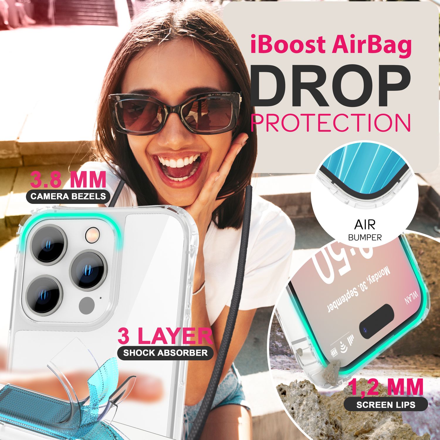 NALIA Klare Hülle mit Band zum Umhängen für iPhone 16 Pro, Transparente Schutz Handyhülle mit Handykette Dunkelgrau NALIA Transparente Hülle