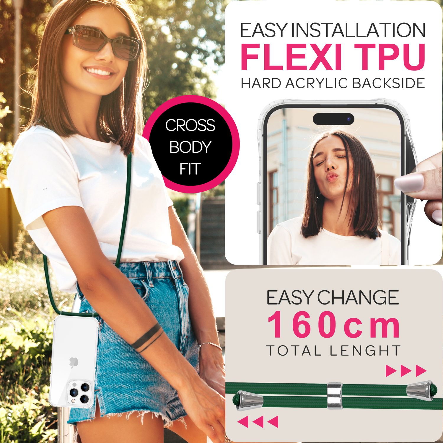 NALIA Klare Hülle mit Band zum Umhängen für iPhone 16 Pro, Transparente Schutz Handyhülle mit Handykette Dunkel-Grün NALIA Transparente Hülle