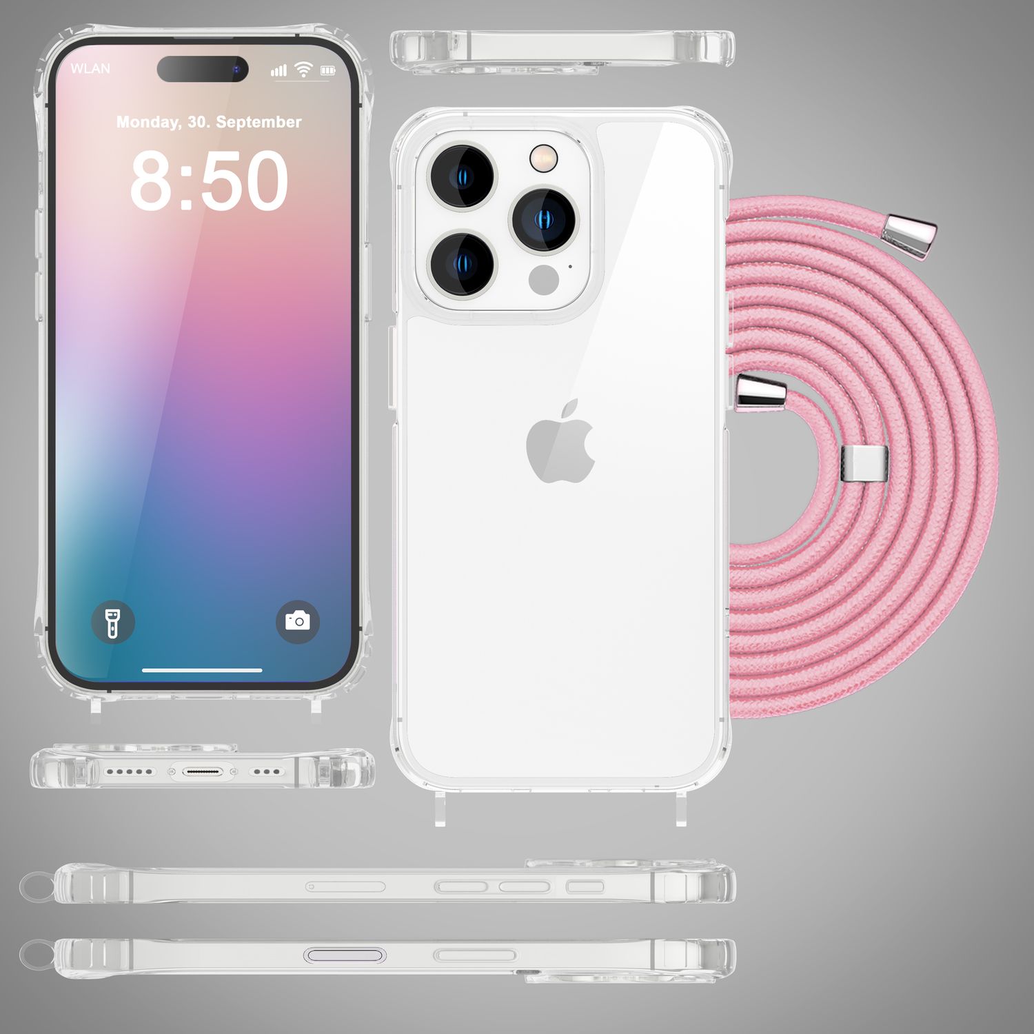 NALIA Klare Hülle mit Band zum Umhängen für iPhone 16 Pro, Transparente Schutz Handyhülle mit Handykette Pastell Rosa NALIA Transparente Hülle