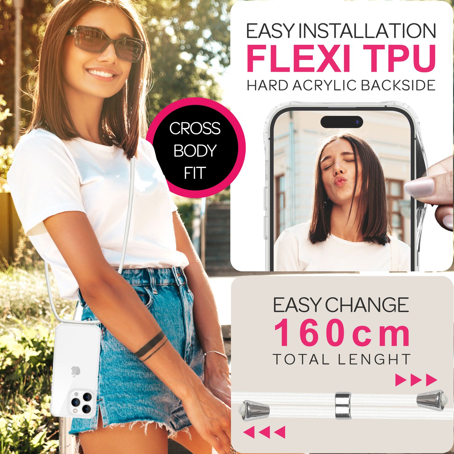 NALIA Klare Hülle mit Band zum Umhängen für iPhone 16 Pro, Transparente Schutz Handyhülle mit Handykette Weiß NALIA Transparente Hülle