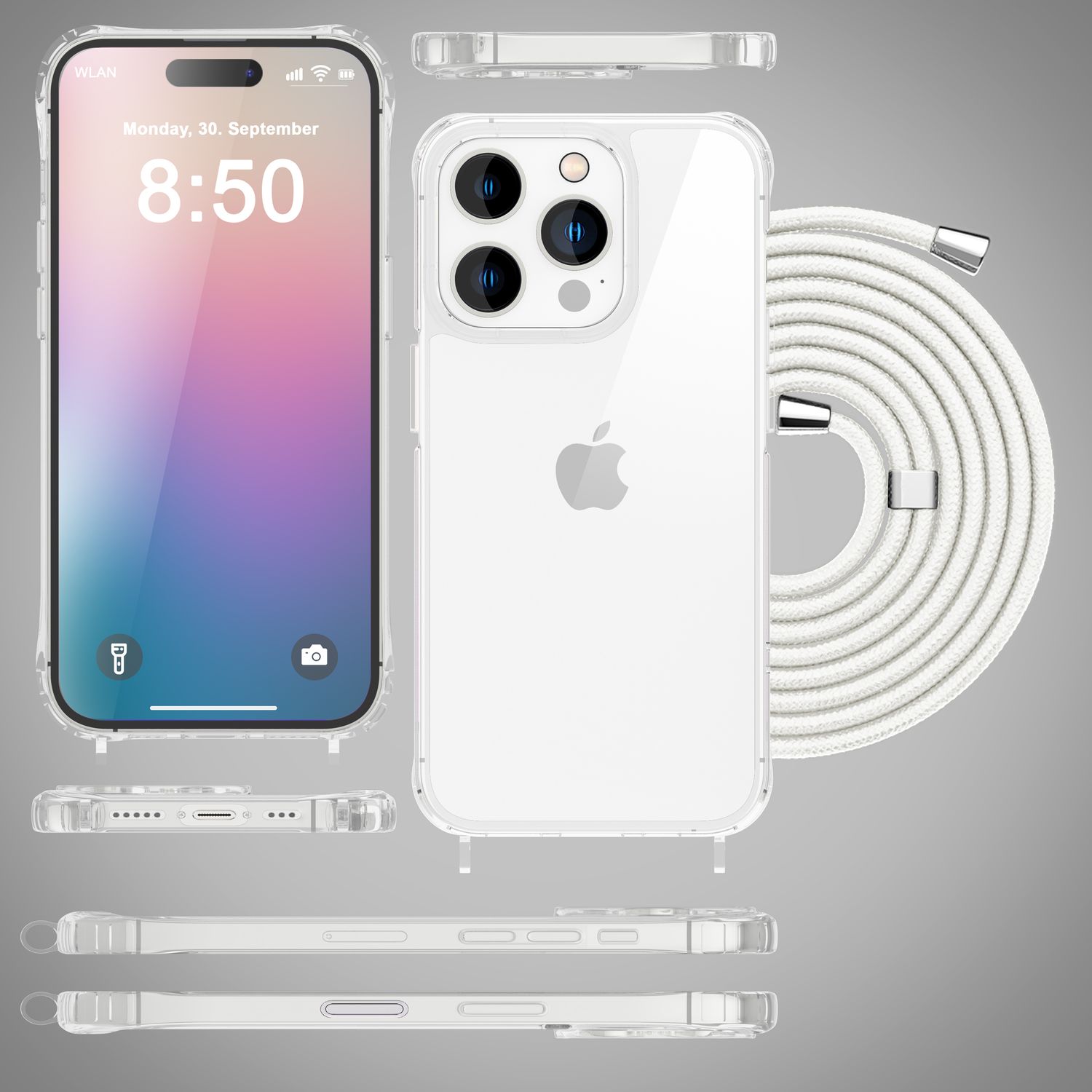 NALIA Klare Hülle mit Band zum Umhängen für iPhone 16 Pro, Transparente Schutz Handyhülle mit Handykette Weiß NALIA Transparente Hülle