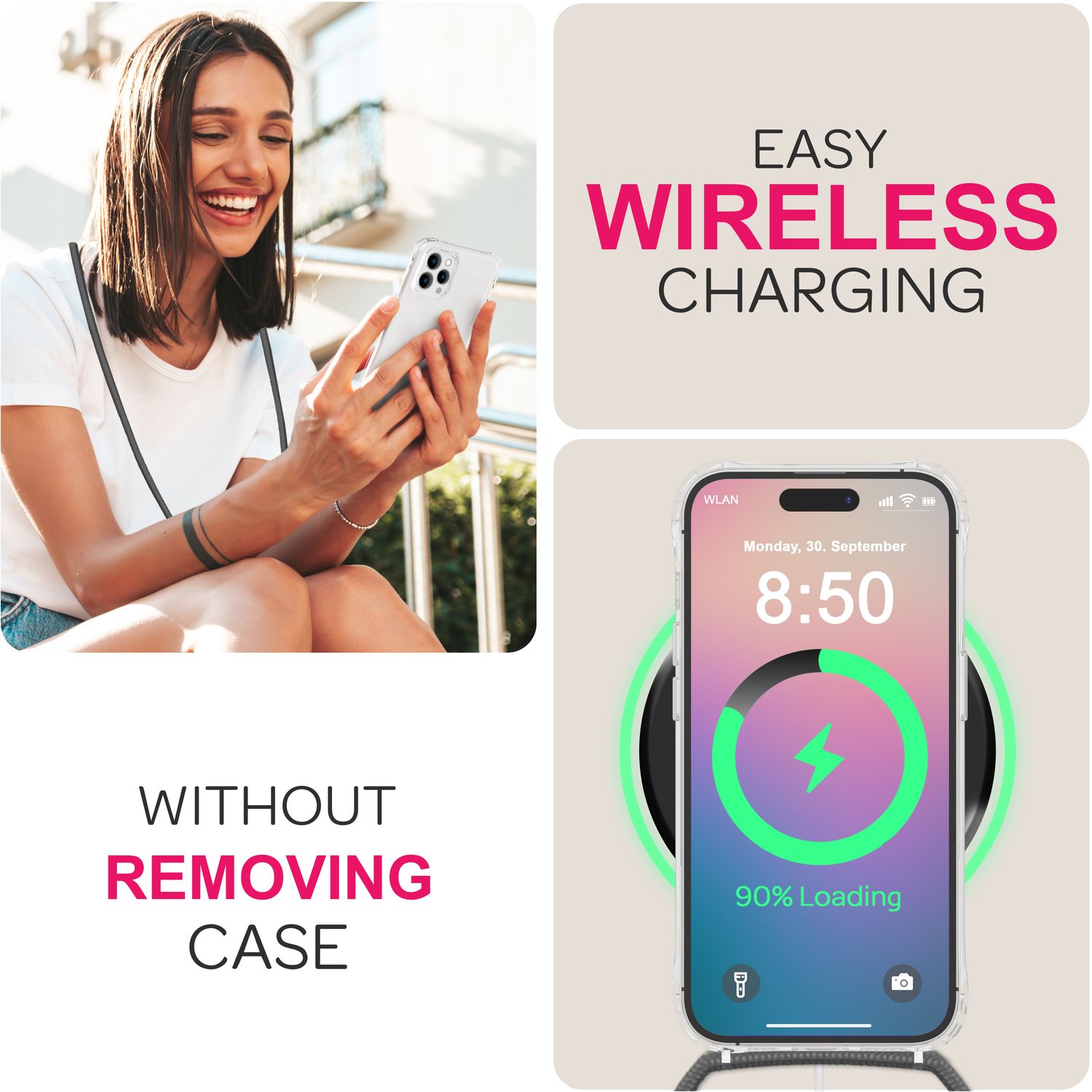 NALIA Klare Hülle mit Band zum Umhängen für iPhone 16 Pro Max, Transparente Harte Handyhülle mit Handykette