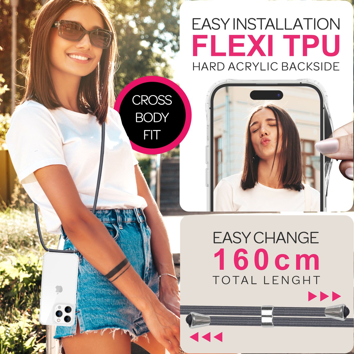 NALIA Klare Hülle mit Band zum Umhängen für iPhone 16 Pro Max, Transparente Harte Handyhülle mit Handykette