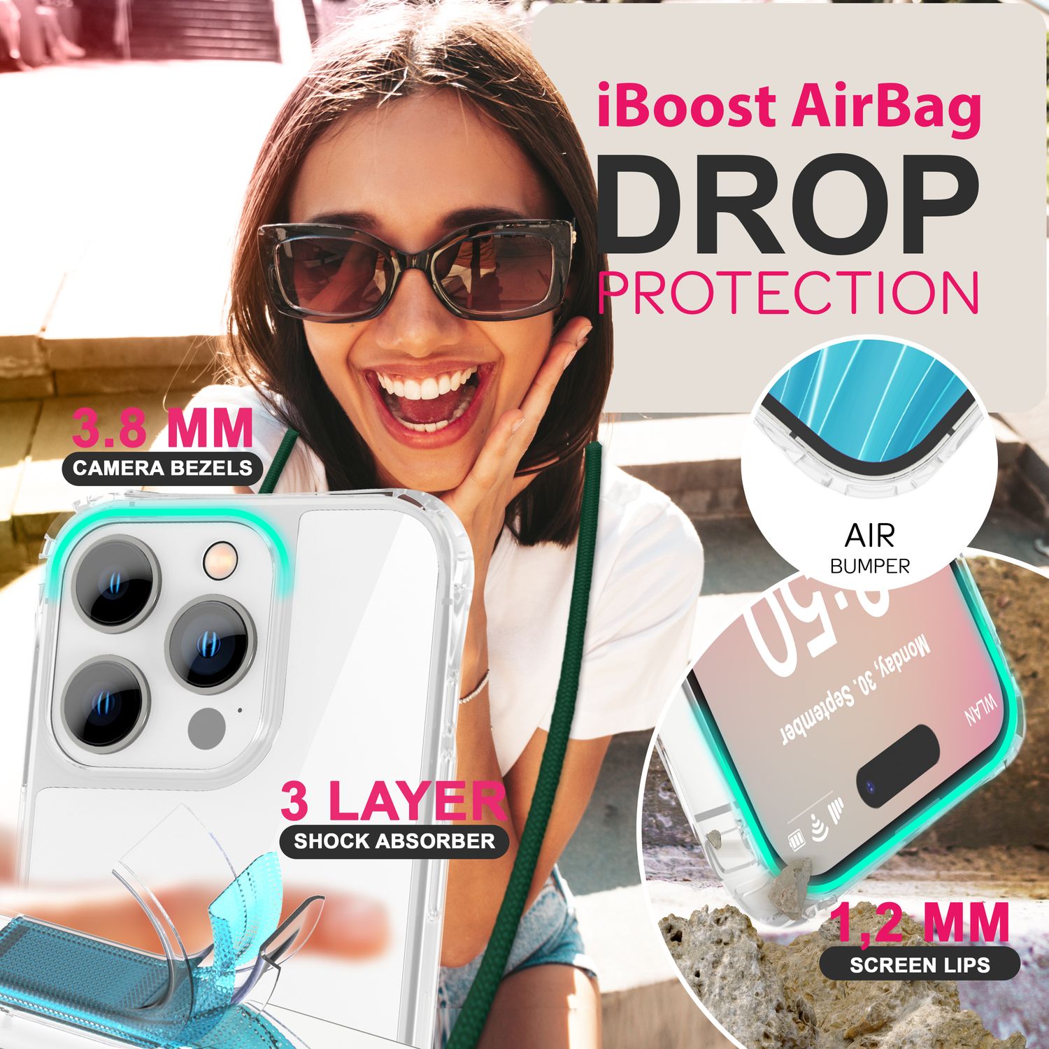 NALIA Klare Hülle mit Band zum Umhängen für iPhone 16 Pro Max, Transparente Harte Handyhülle mit Handykette