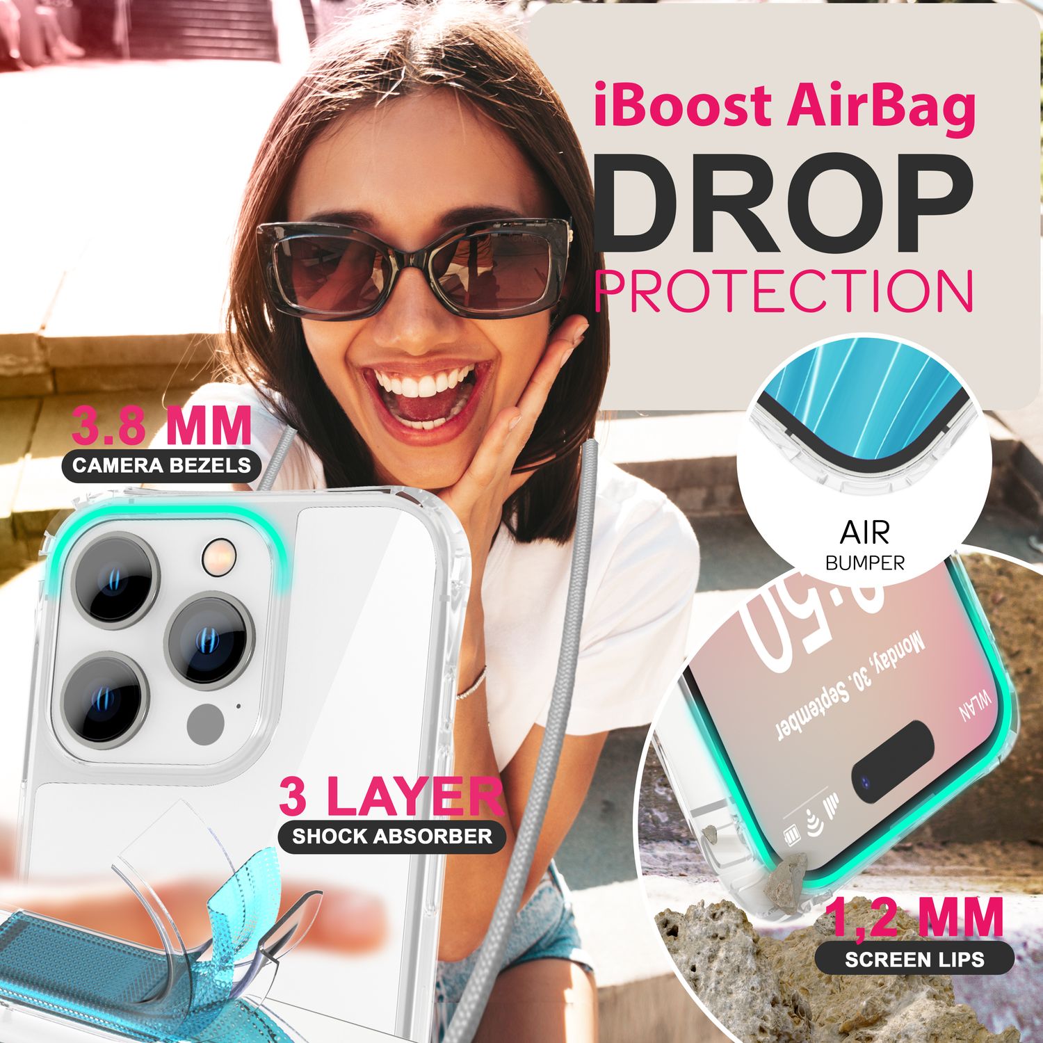 NALIA Klare Hülle mit Band zum Umhängen für iPhone 16 Pro Max, Transparente Harte Handyhülle mit Handykette