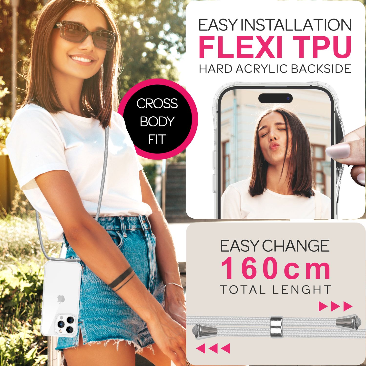 NALIA Klare Hülle mit Band zum Umhängen für iPhone 16 Pro Max, Transparente Harte Handyhülle mit Handykette