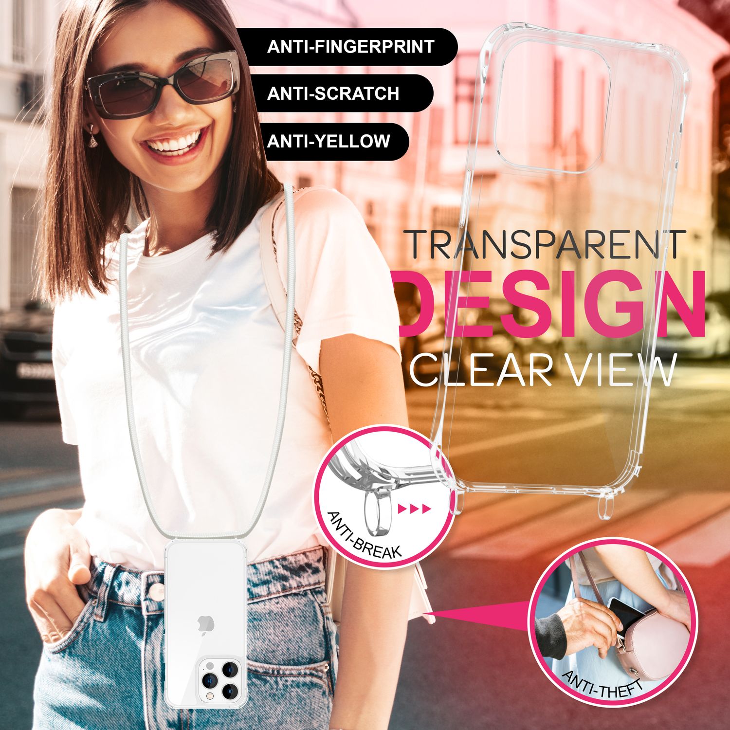 NALIA Klare Hülle mit Band zum Umhängen für iPhone 16 Pro Max, Transparente Harte Handyhülle mit Handykette