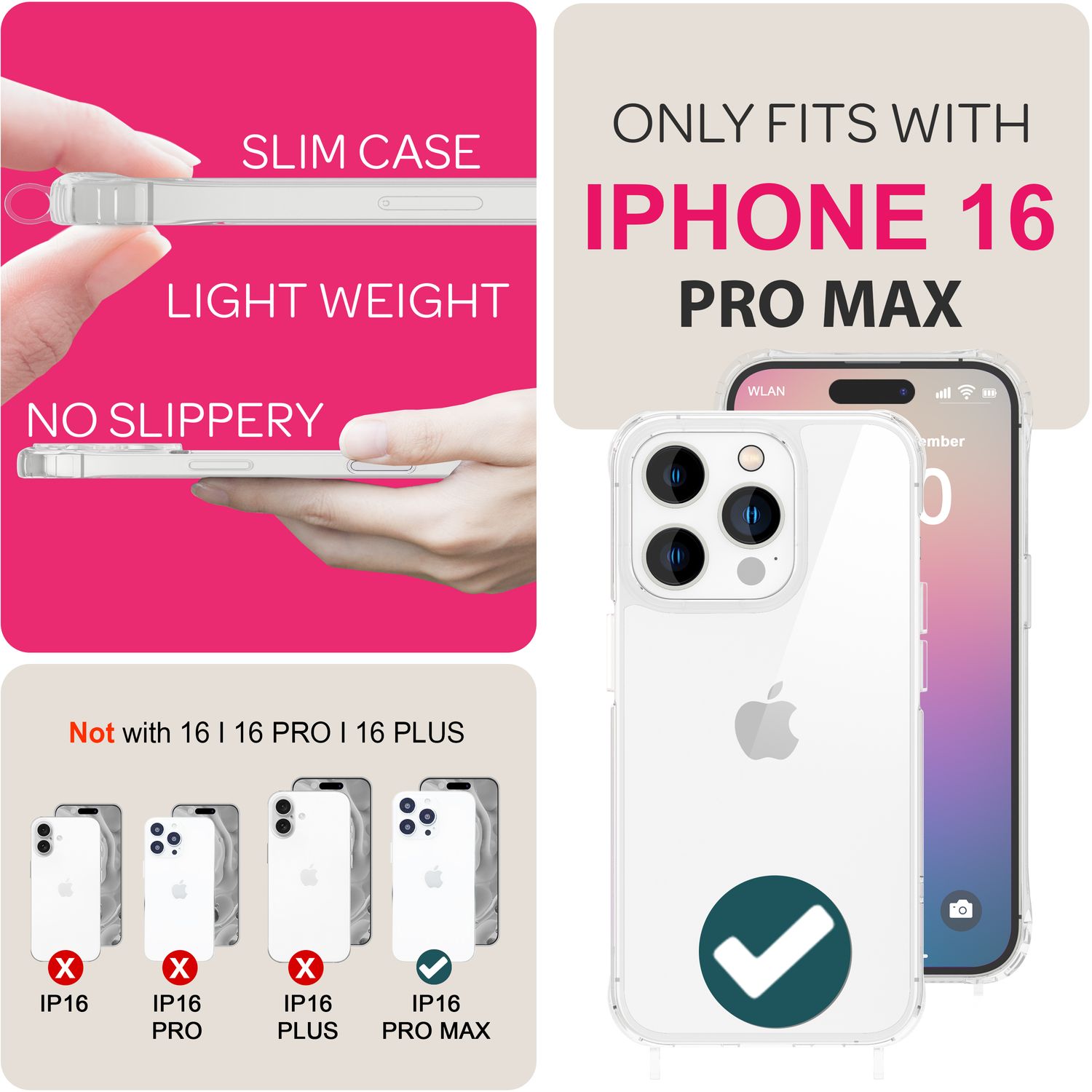 NALIA Klare Hülle mit Band zum Umhängen für iPhone 16 Pro Max, Transparente Harte Handyhülle mit Handykette