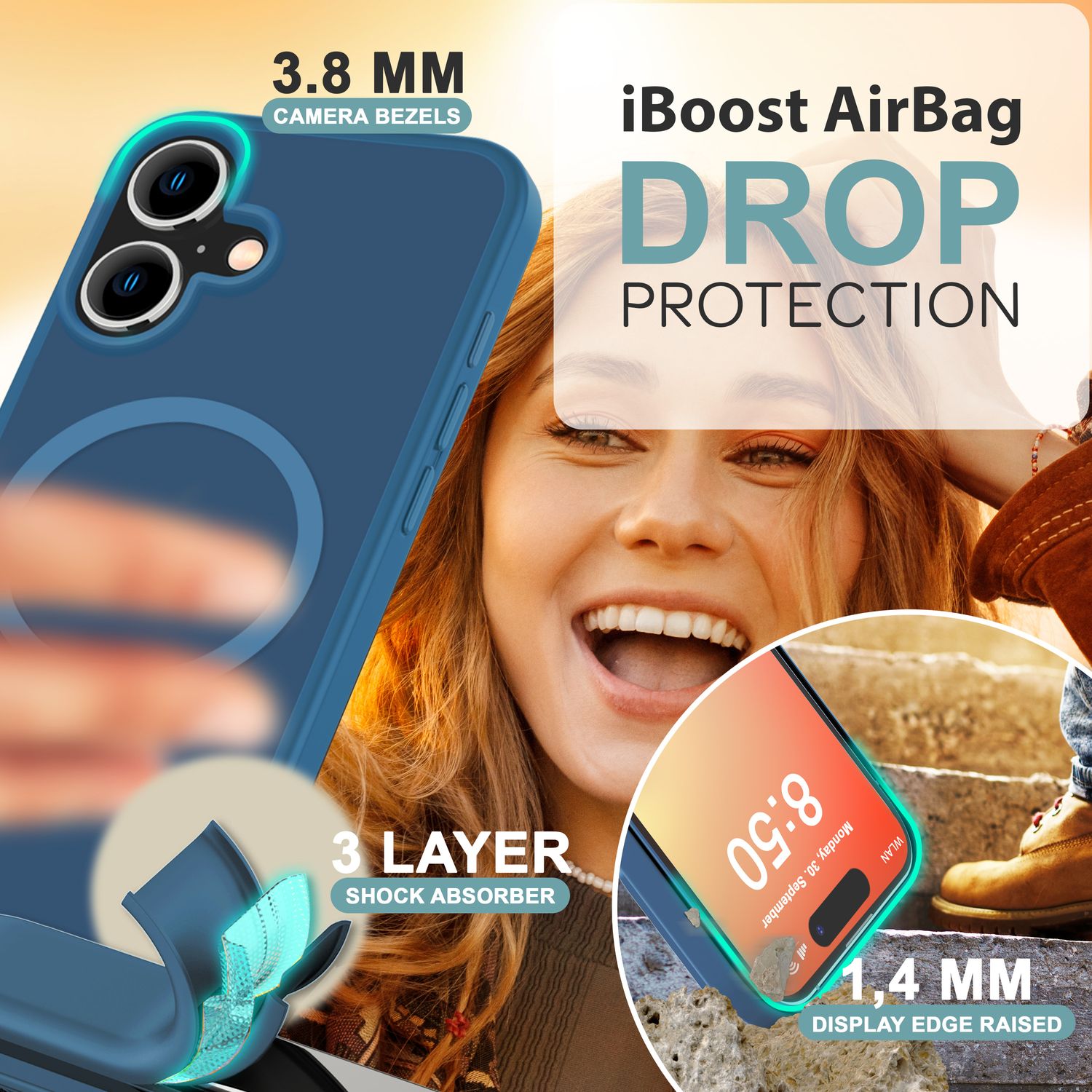 NALIA Matte MagSafe Hybrid Hülle für iPhone 16, Anti-Fingerabdruck Acryl Rückseite, Cover Semi-Transparent Dunkelblau NALIA Protective Hülle