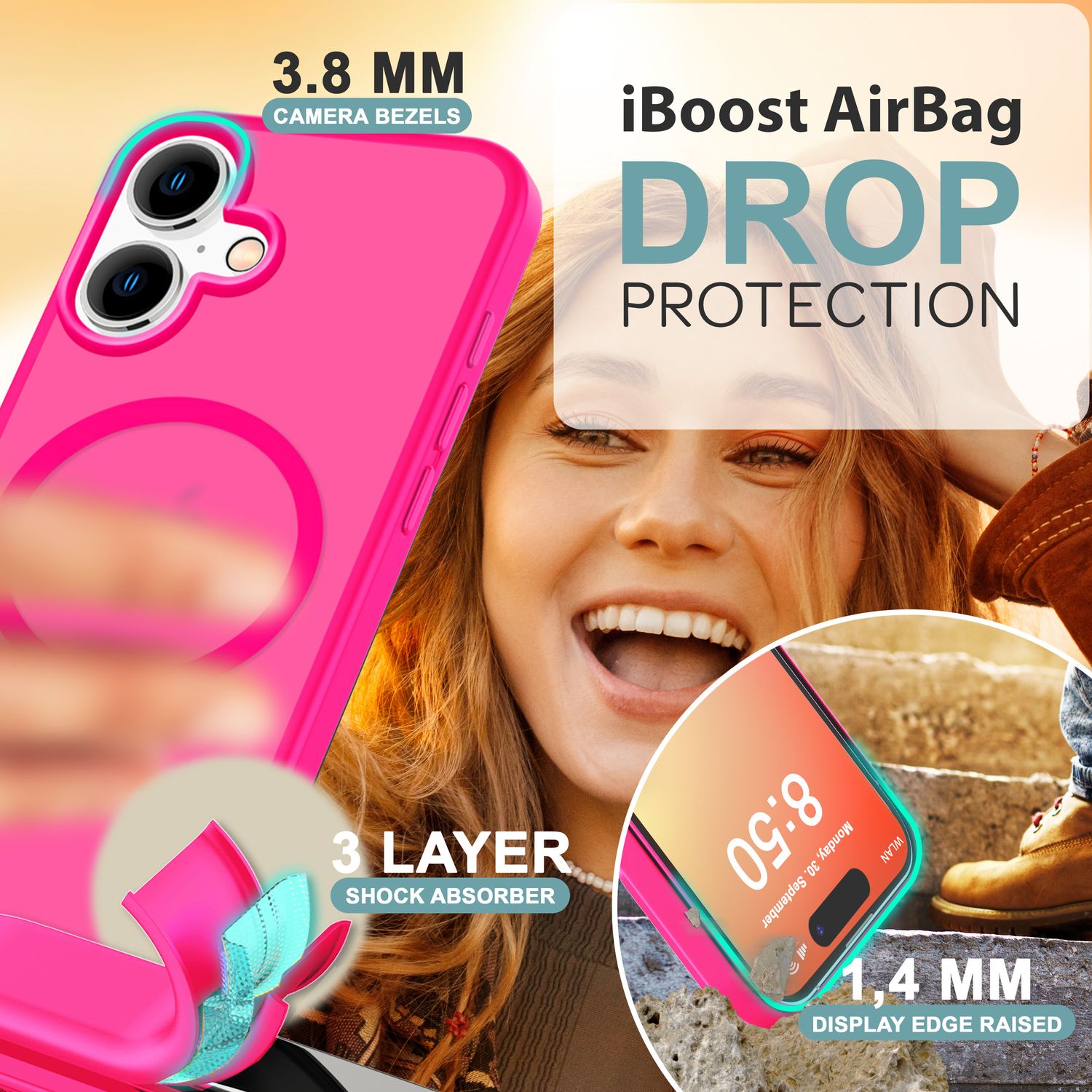 NALIA Matte MagSafe Hybrid Hülle für iPhone 16, Anti-Fingerabdruck Acryl Rückseite, Cover Semi-Transparent Pink NALIA Protective Hülle