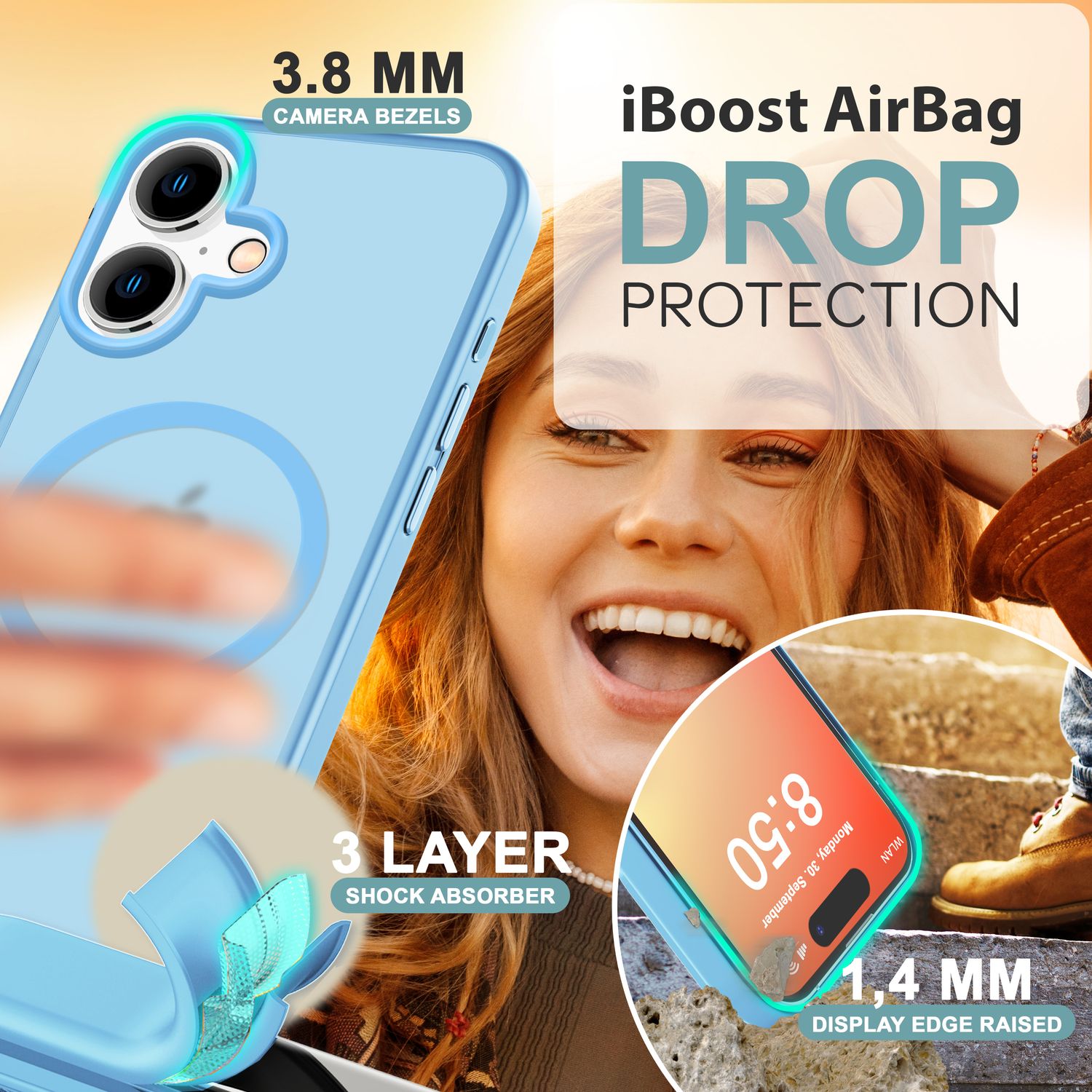 NALIA Matte MagSafe Hybrid Hülle für iPhone 16, Anti-Fingerabdruck Acryl Rückseite, Cover Semi-Transparent Hellblau NALIA Protective Hülle