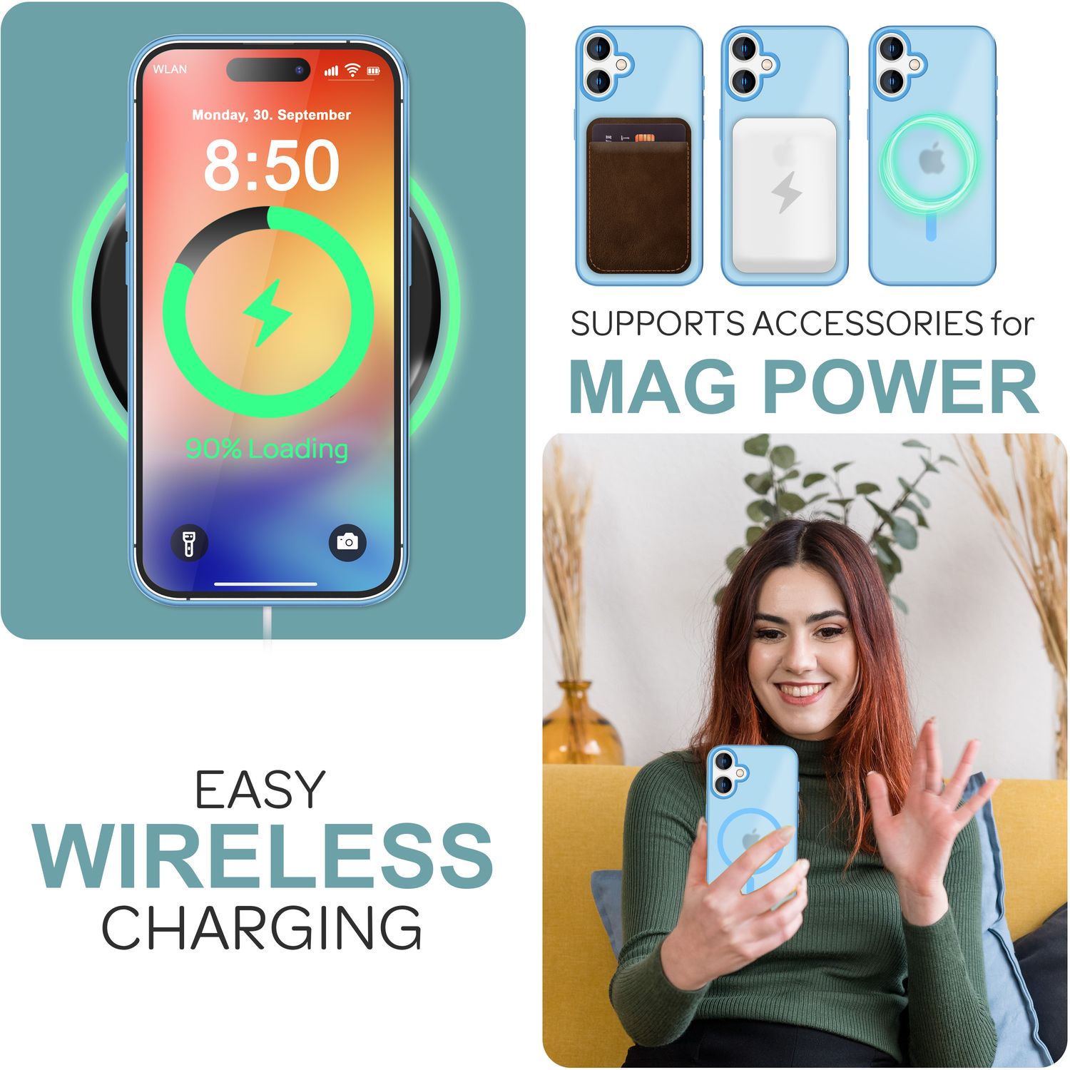 NALIA Matte MagSafe Hybrid Hülle für iPhone 16, Anti-Fingerabdruck Acryl Rückseite, Cover Semi-Transparent Hellblau NALIA Protective Hülle