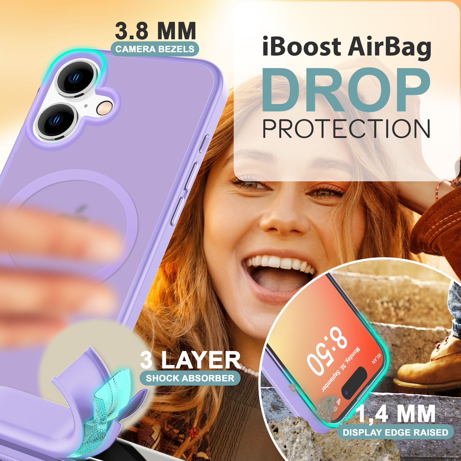 NALIA Matte MagSafe Hybrid Hülle für iPhone 16, Anti-Fingerabdruck Acryl Rückseite, Cover Semi-Transparent Lila NALIA Protective Hülle