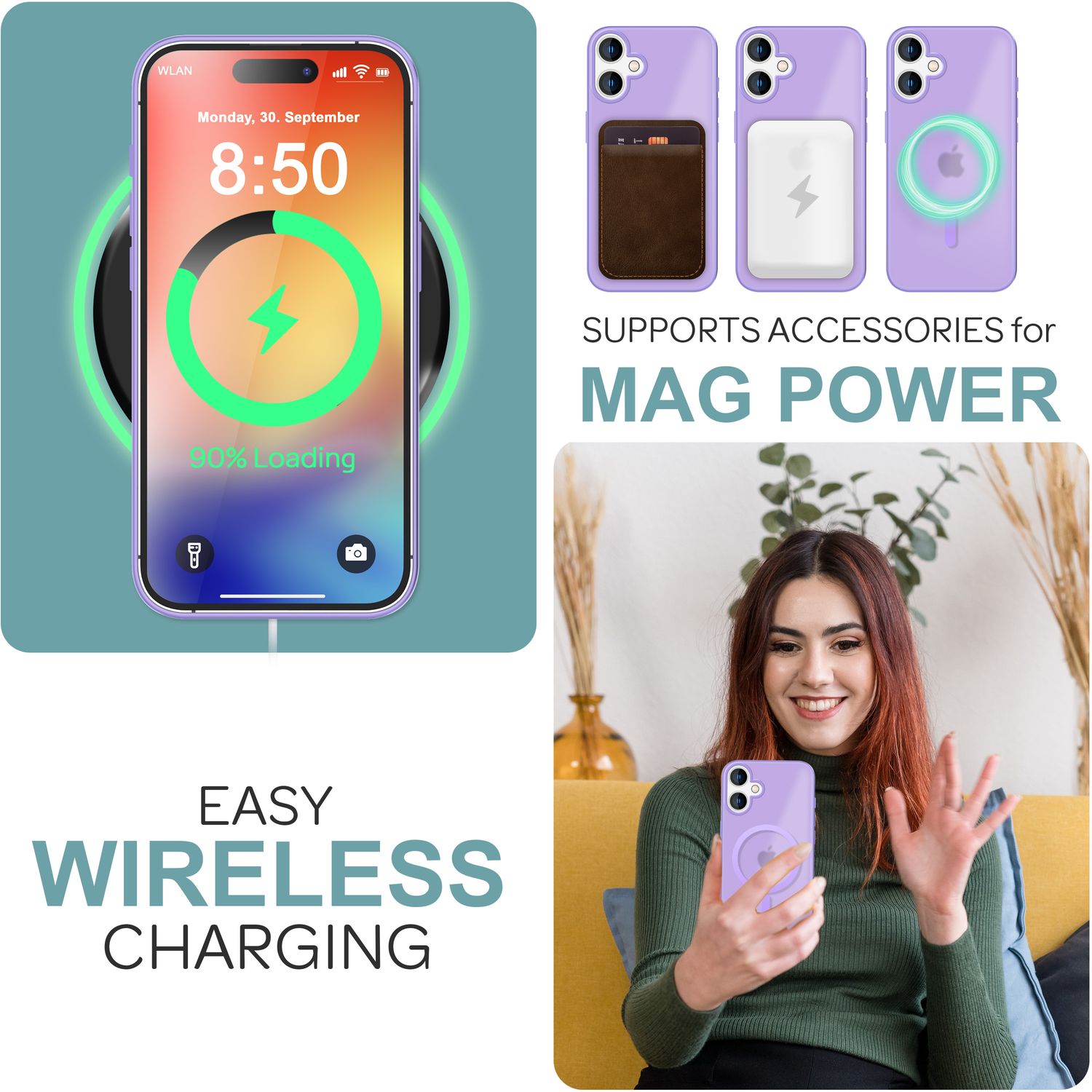 NALIA Matte MagSafe Hybrid Hülle für iPhone 16, Anti-Fingerabdruck Acryl Rückseite, Cover Semi-Transparent Lila NALIA Protective Hülle