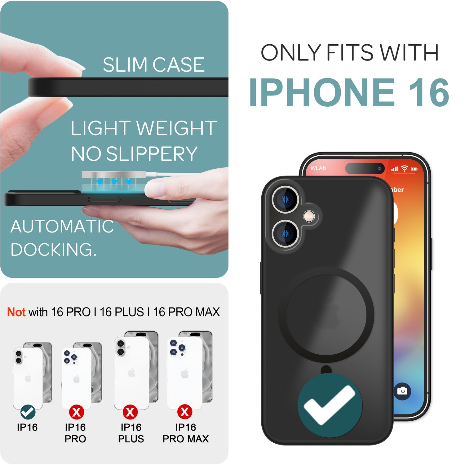 NALIA Matte MagSafe Hybrid Hülle für iPhone 16, Anti-Fingerabdruck Acryl Rückseite, Cover Semi-Transparent Schwarz NALIA Protective Hülle