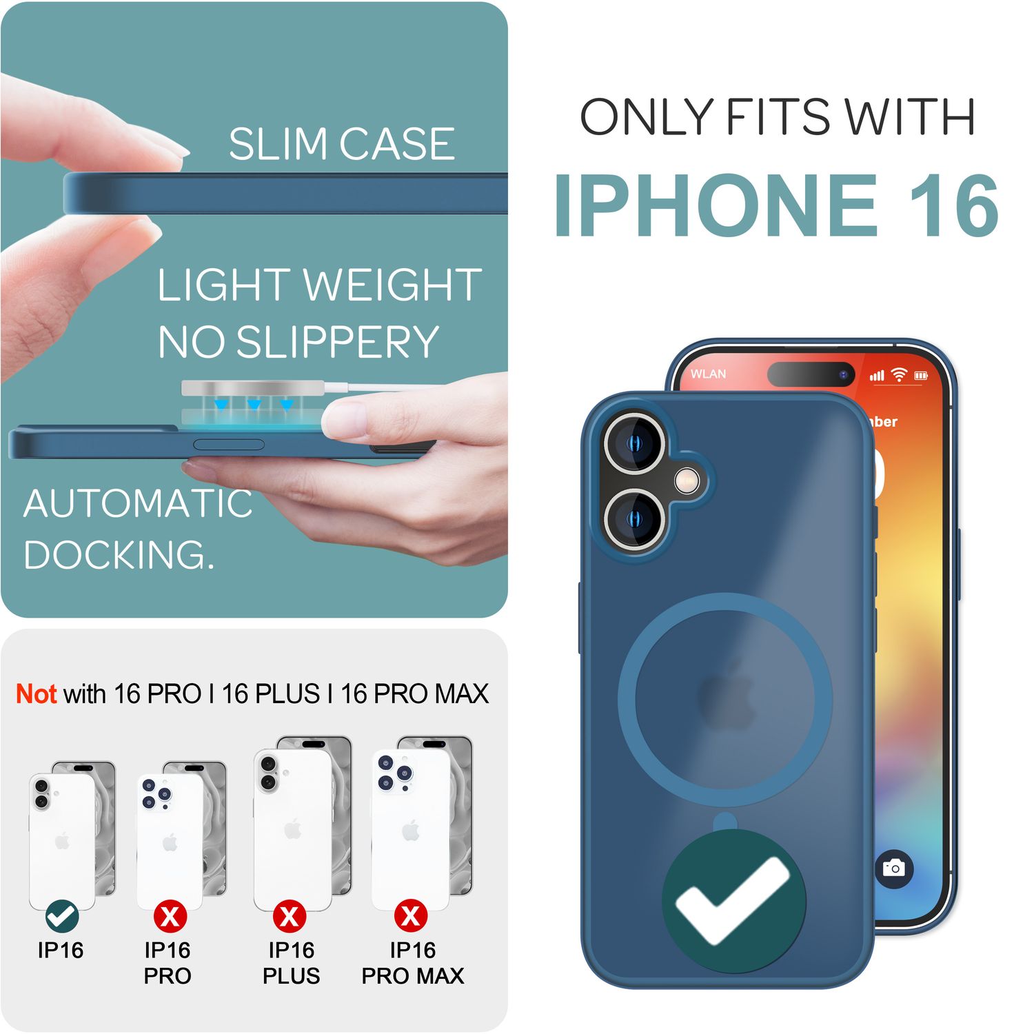 NALIA Matte MagSafe Hybrid Hülle für iPhone 16, Anti-Fingerabdruck Acryl Rückseite, Cover Semi-Transparent Dunkelblau NALIA Protective Hülle