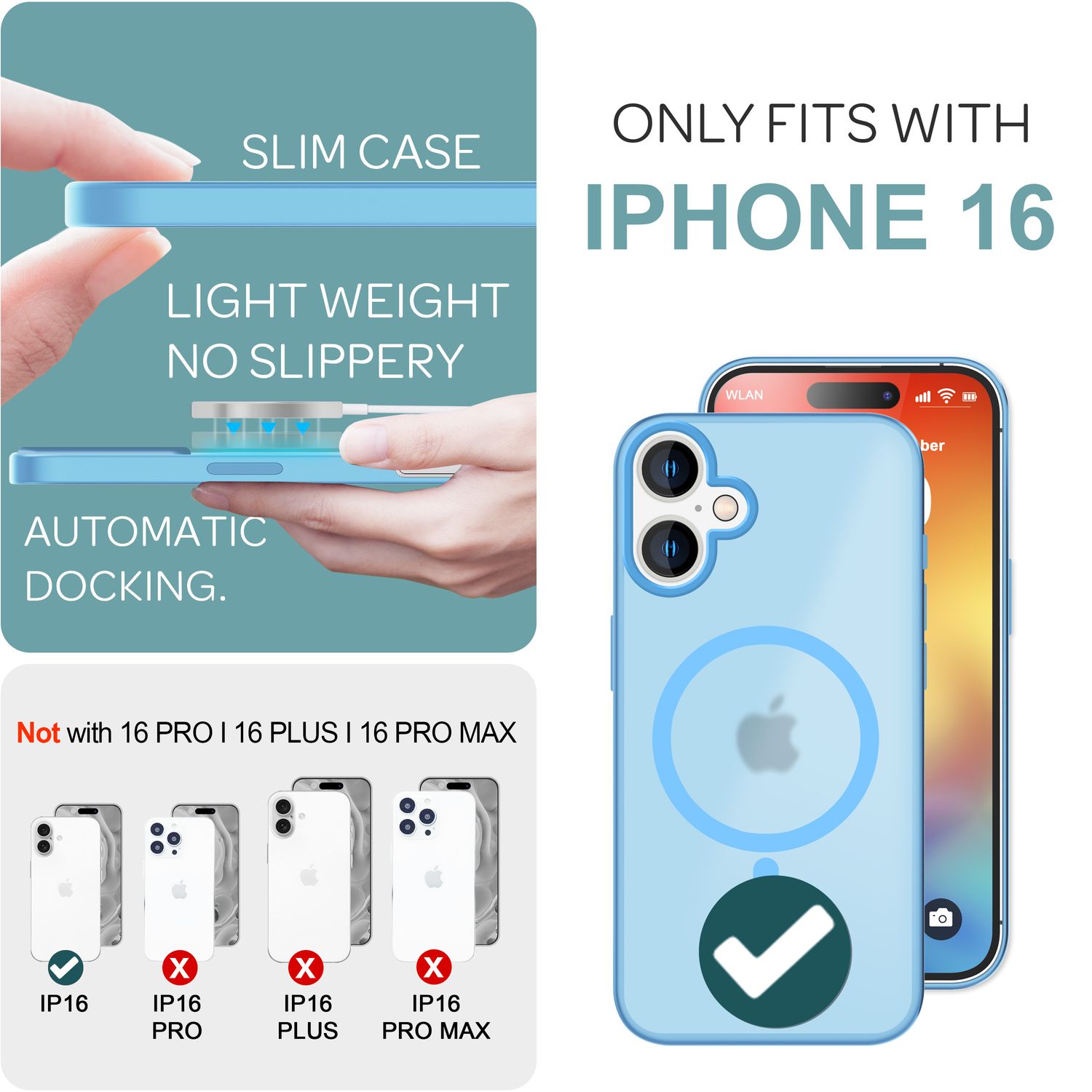 NALIA Matte MagSafe Hybrid Hülle für iPhone 16, Anti-Fingerabdruck Acryl Rückseite, Cover Semi-Transparent Hellblau NALIA Protective Hülle